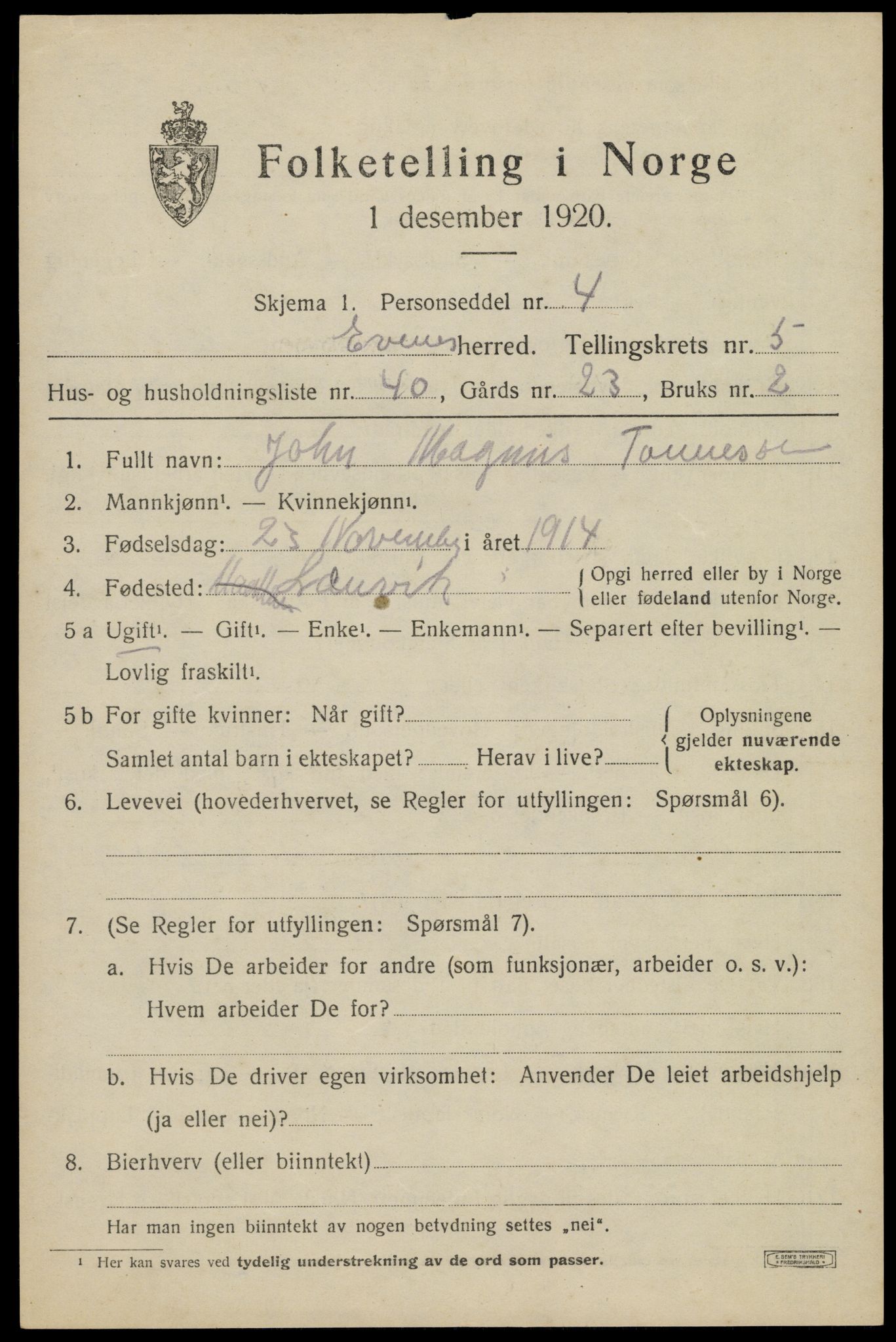 SAT, 1920 census for Evenes, 1920, p. 4672