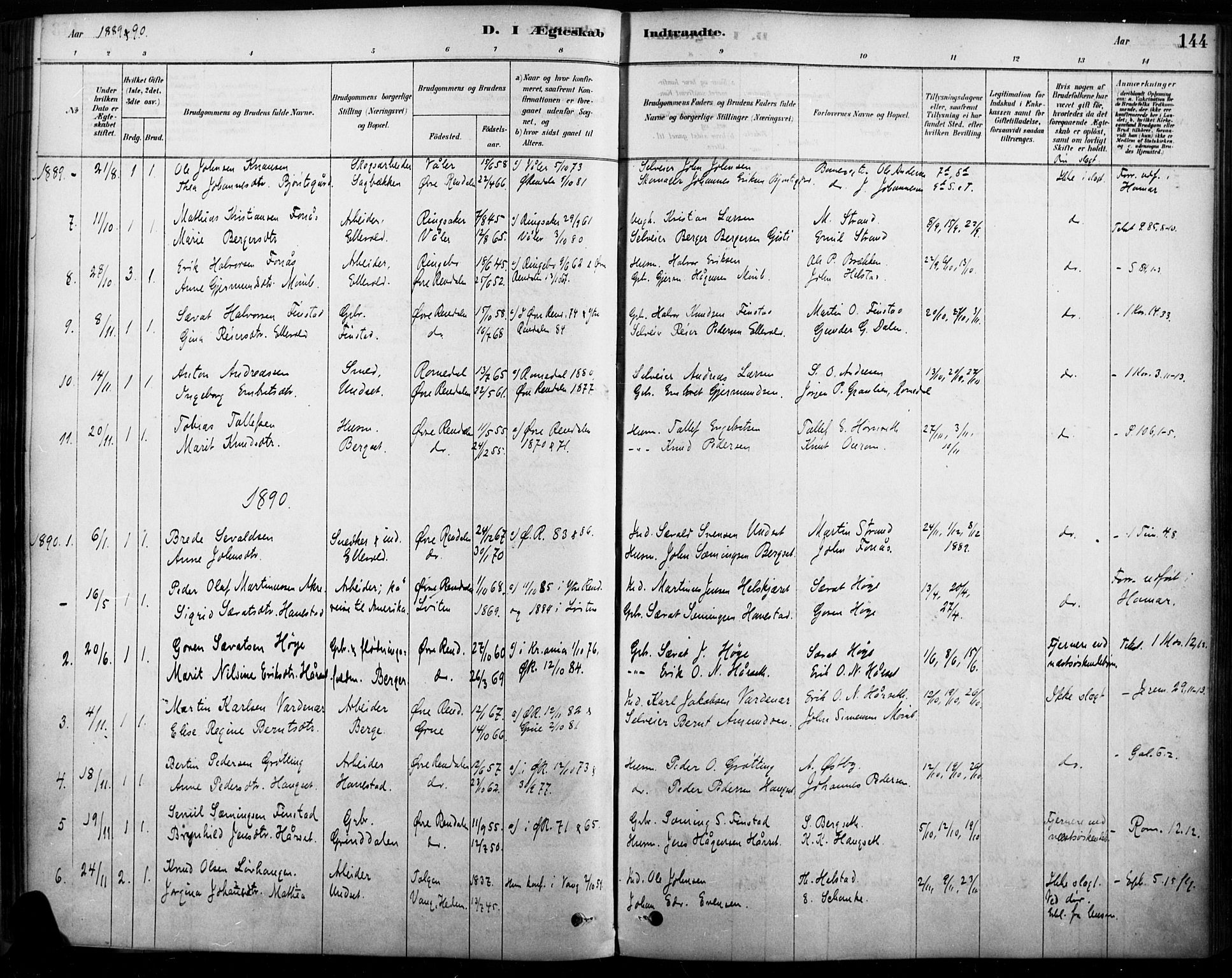 Rendalen prestekontor, SAH/PREST-054/H/Ha/Haa/L0009: Parish register (official) no. 9, 1878-1901, p. 144