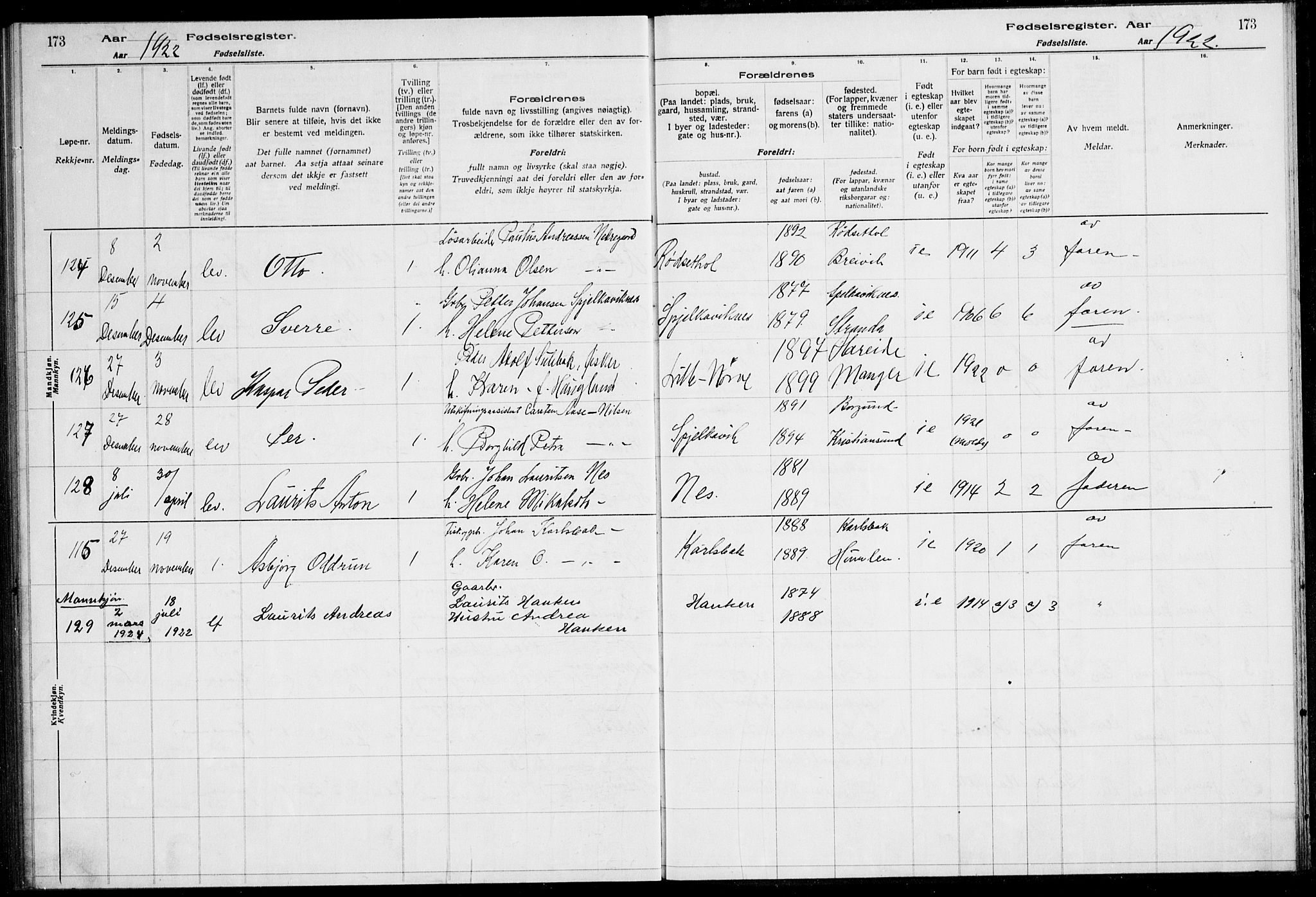 Ministerialprotokoller, klokkerbøker og fødselsregistre - Møre og Romsdal, AV/SAT-A-1454/528/L0442: Birth register no. 528.II.4.1, 1916-1924, p. 173