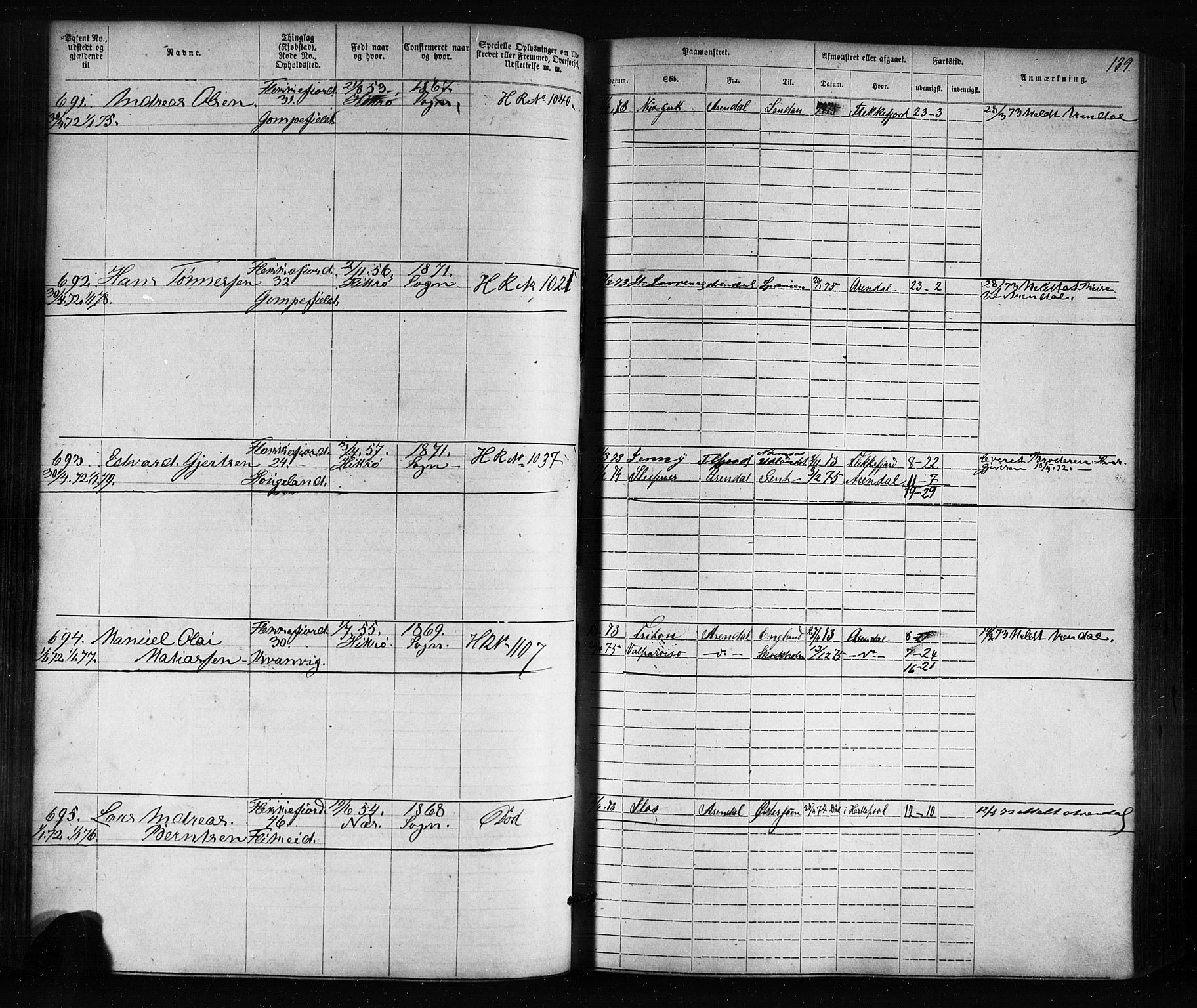 Flekkefjord mønstringskrets, AV/SAK-2031-0018/F/Fa/L0005: Annotasjonsrulle nr 1-1915 med register, Æ-2, 1868-1896, p. 160