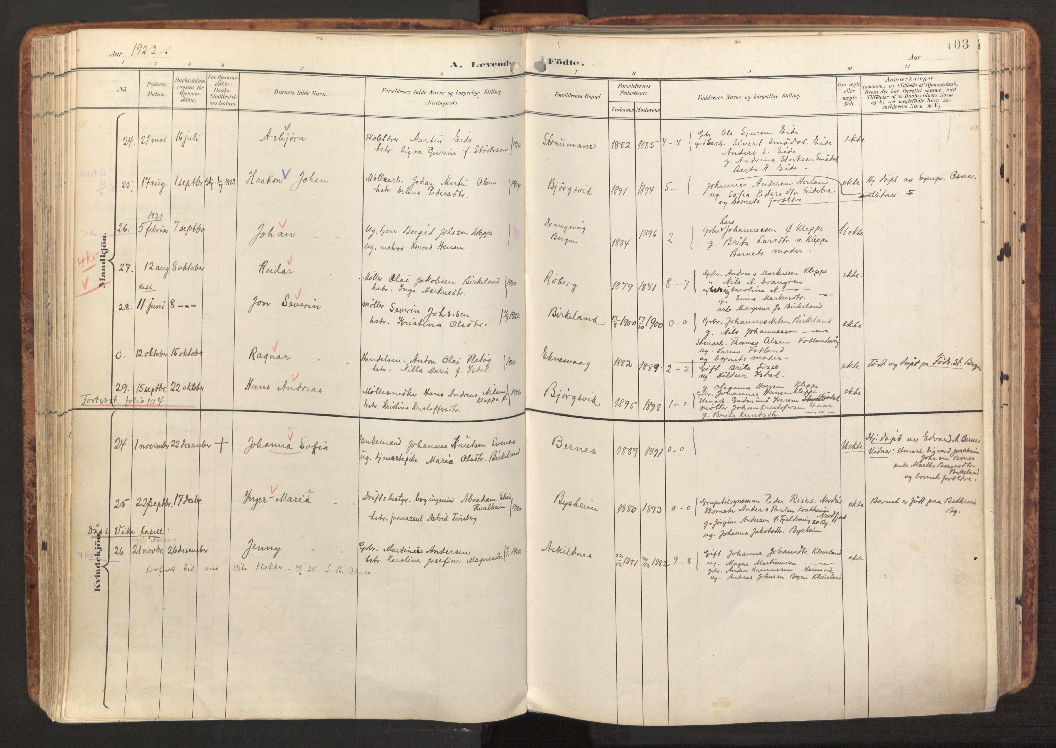 Hosanger sokneprestembete, SAB/A-75801/H/Haa: Parish register (official) no. B 2, 1897-1923, p. 103