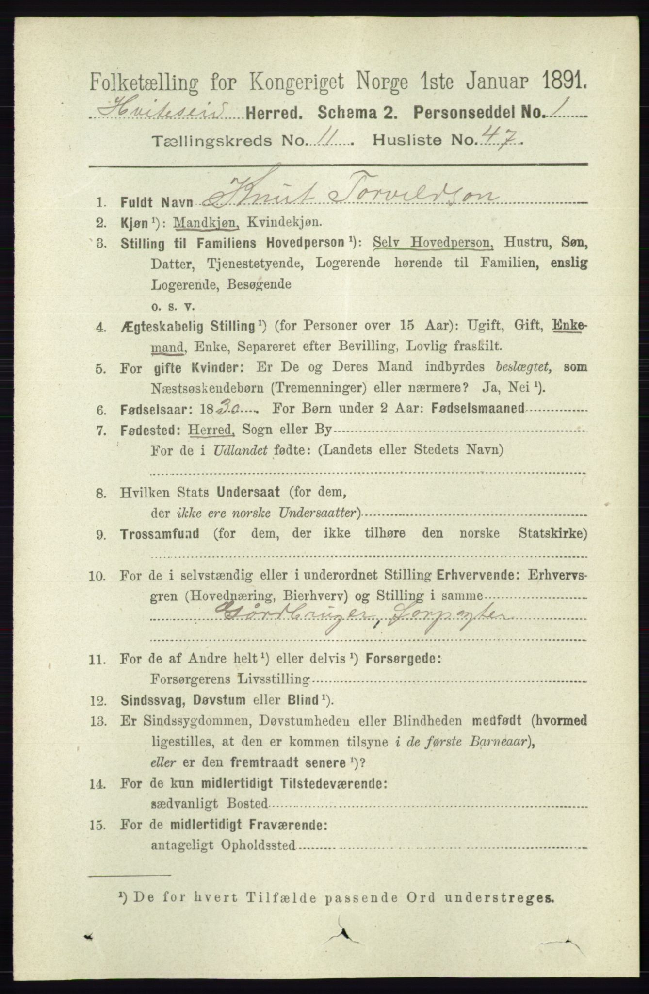 RA, 1891 census for 0829 Kviteseid, 1891, p. 2803