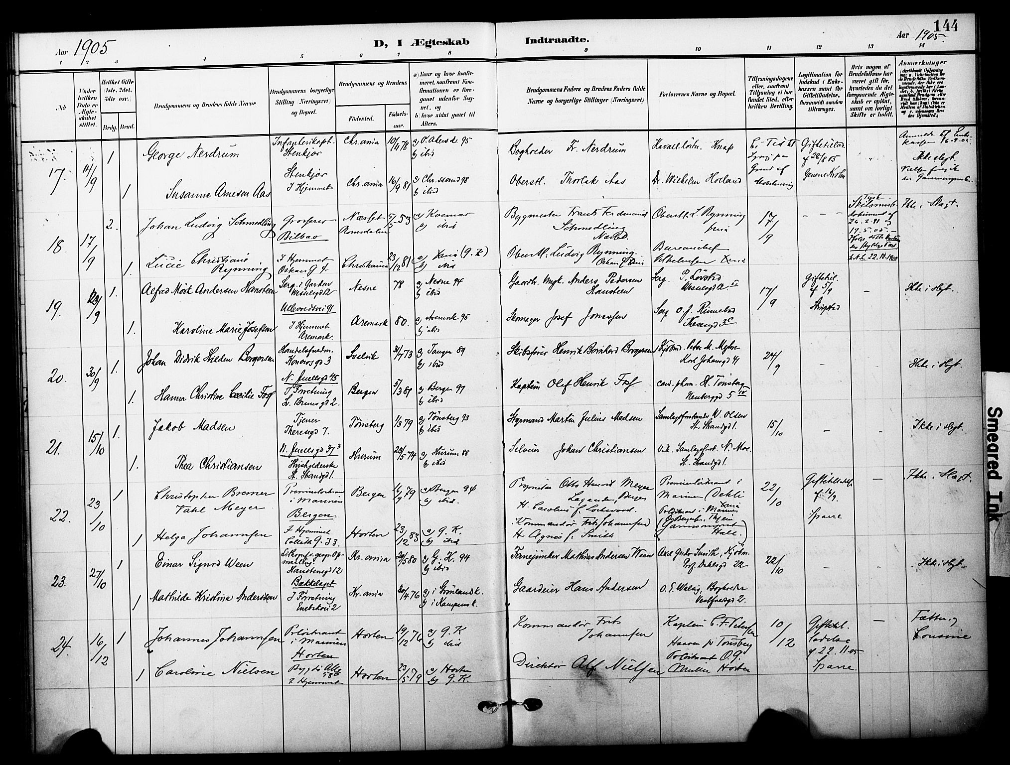 Garnisonsmenigheten Kirkebøker, SAO/A-10846/F/Fa/L0014: Parish register (official) no. 14, 1905-1914, p. 144