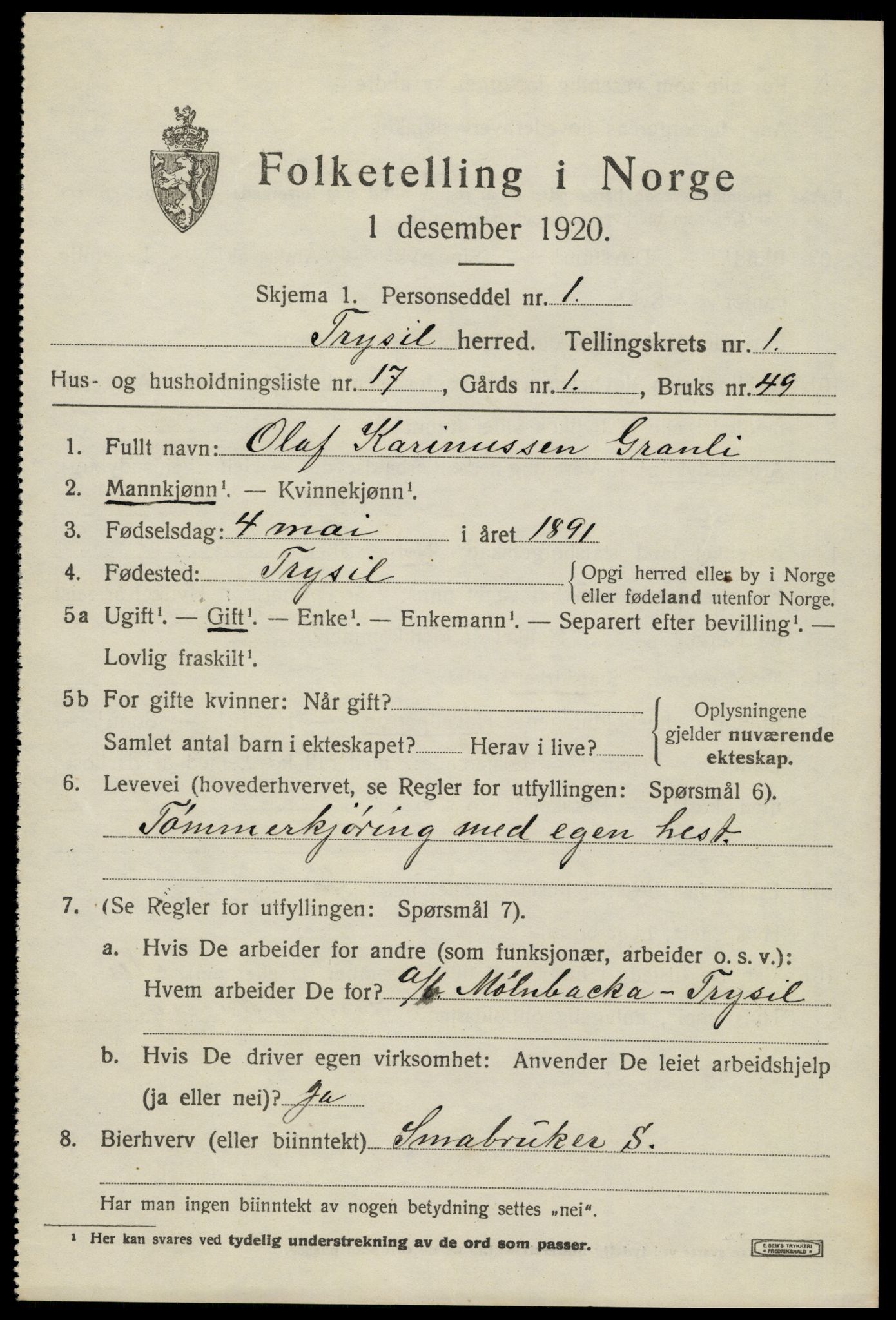 SAH, 1920 census for Trysil, 1920, p. 2749
