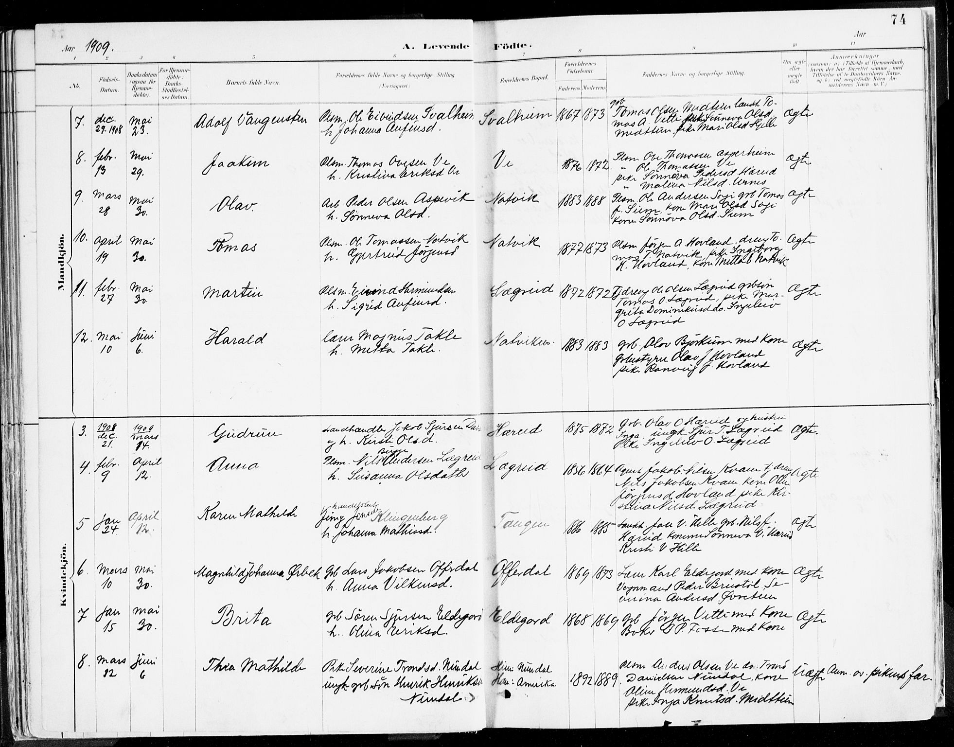 Årdal sokneprestembete, AV/SAB-A-81701: Parish register (official) no. A 5, 1887-1917, p. 74