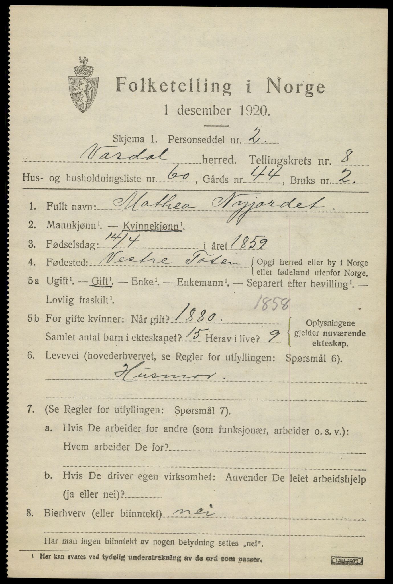 SAH, 1920 census for Vardal, 1920, p. 6445