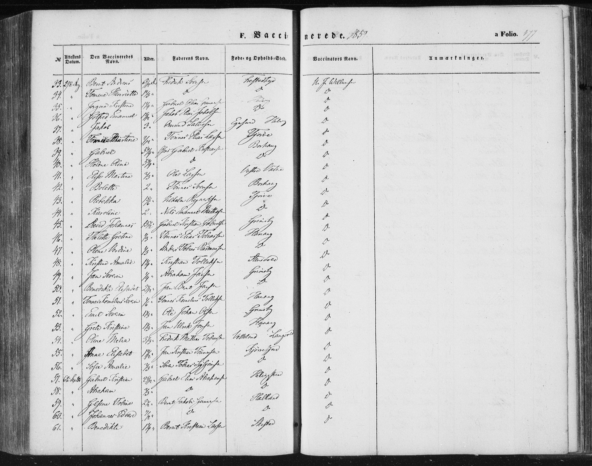 Lista sokneprestkontor, SAK/1111-0027/F/Fa/L0010: Parish register (official) no. A 10, 1846-1861, p. 477