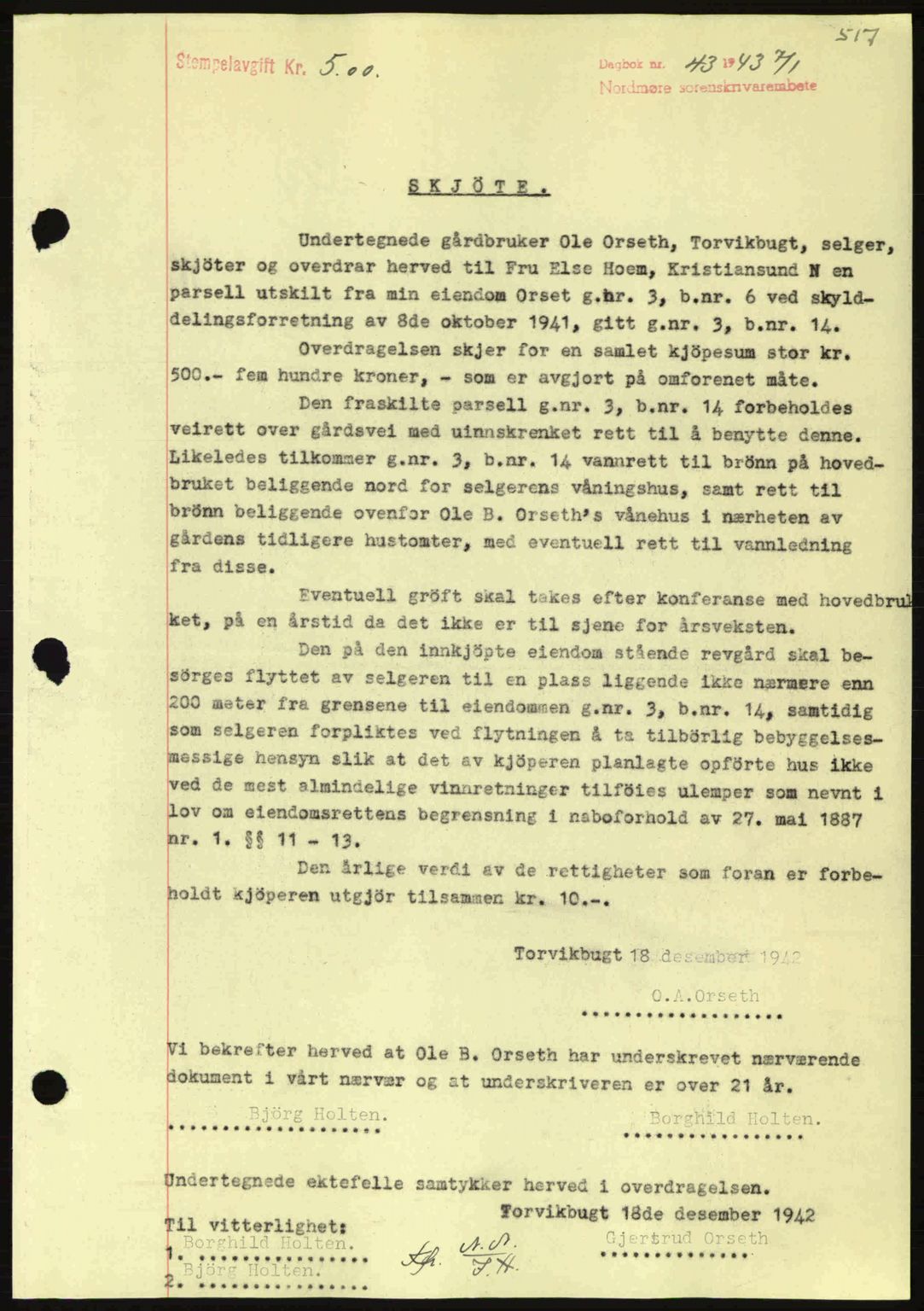 Nordmøre sorenskriveri, AV/SAT-A-4132/1/2/2Ca: Mortgage book no. A94, 1942-1943, Diary no: : 43/1943