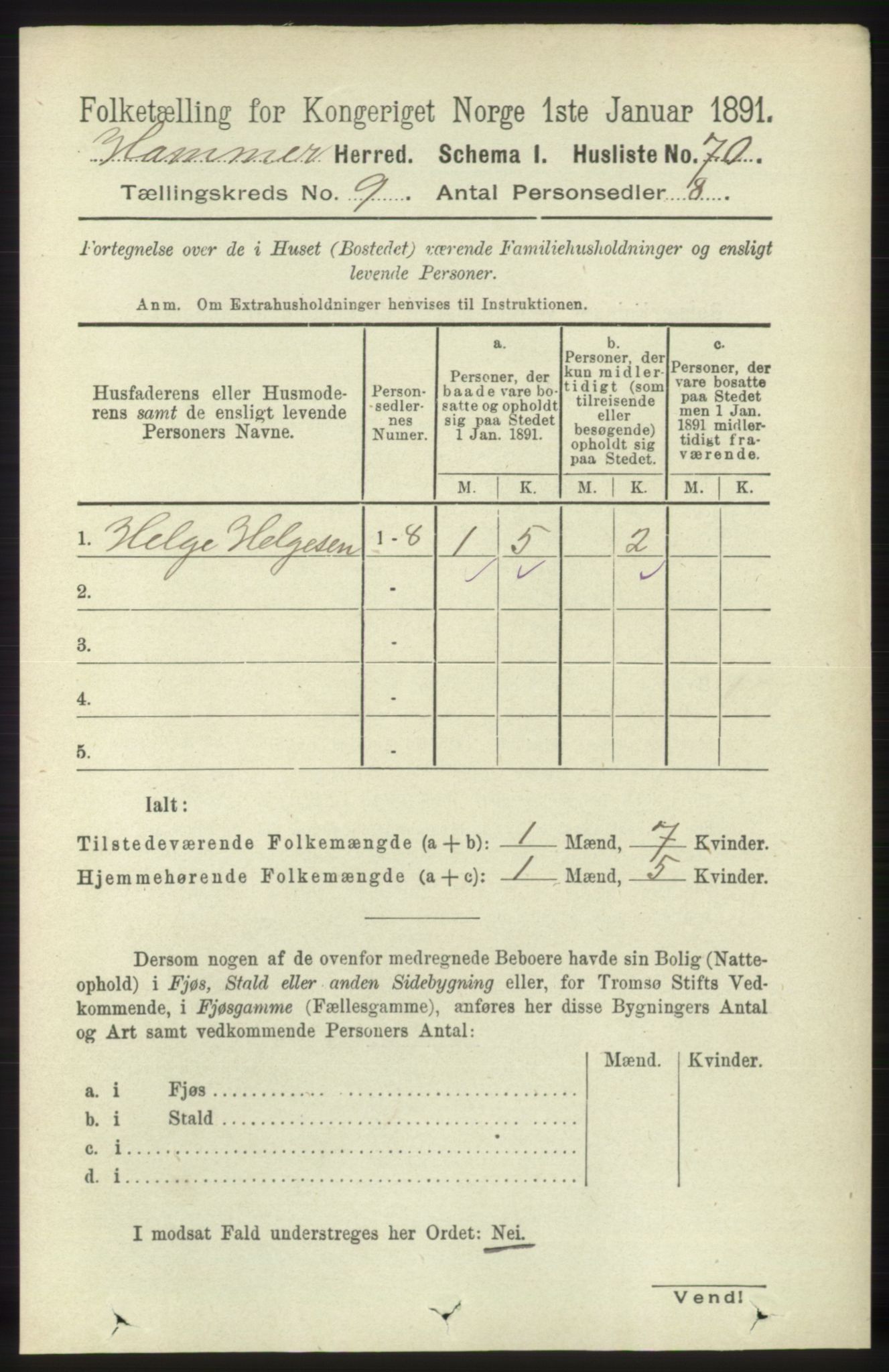 RA, 1891 census for 1254 Hamre, 1891, p. 2289