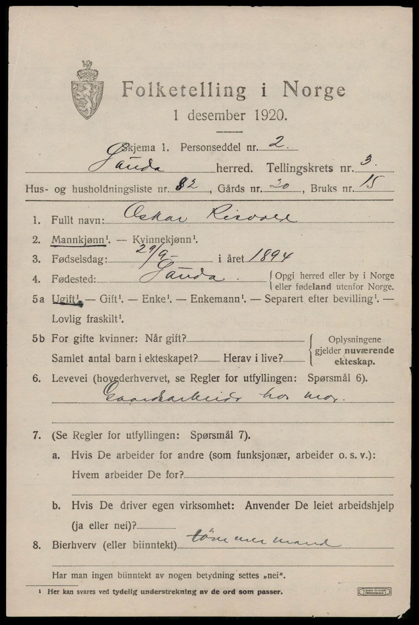 SAST, 1920 census for Sauda, 1920, p. 1726