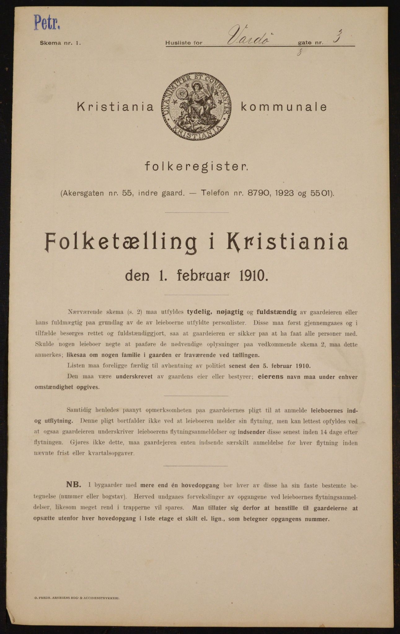 OBA, Municipal Census 1910 for Kristiania, 1910, p. 115500