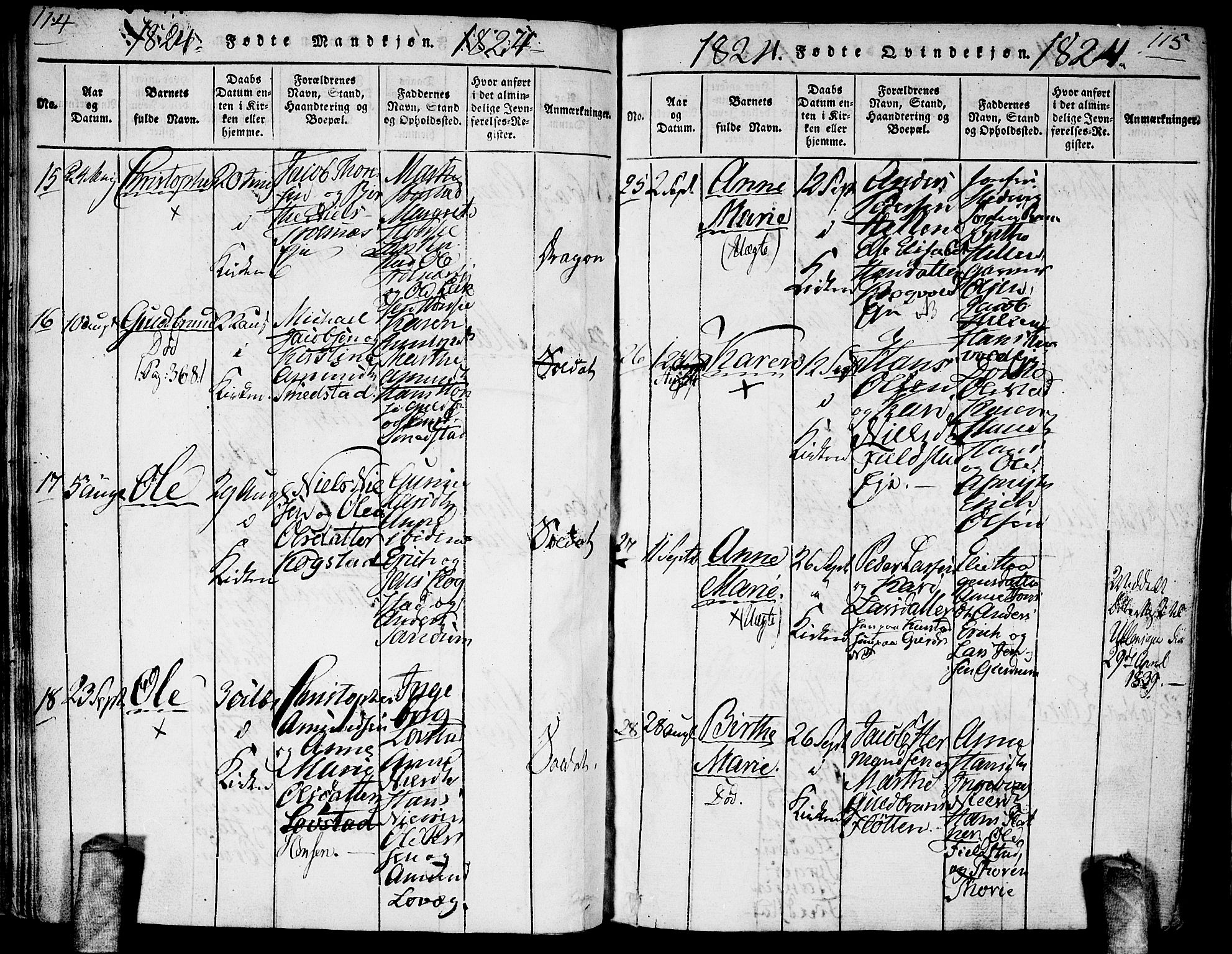 Gjerdrum prestekontor Kirkebøker, AV/SAO-A-10412b/G/Ga/L0001: Parish register (copy) no. I 1, 1816-1837, p. 114-115