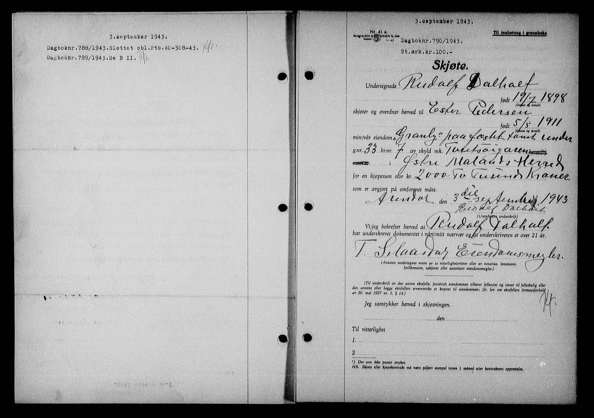 Nedenes sorenskriveri, SAK/1221-0006/G/Gb/Gba/L0051: Mortgage book no. A-V, 1943-1944, Diary no: : 790/1943