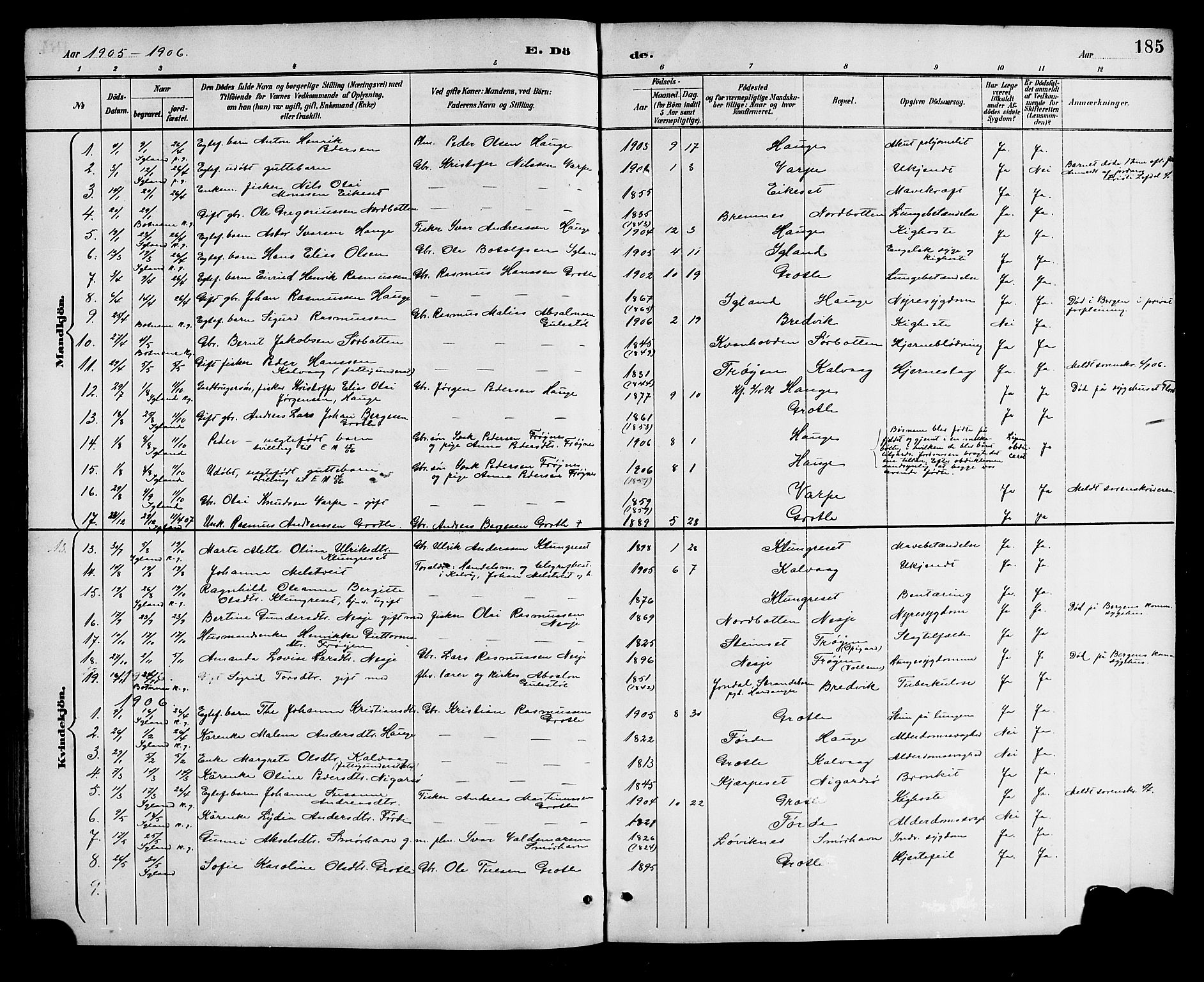 Bremanger sokneprestembete, AV/SAB-A-82201/H/Hab/Haba/L0003: Parish register (copy) no. A 3, 1890-1908, p. 185