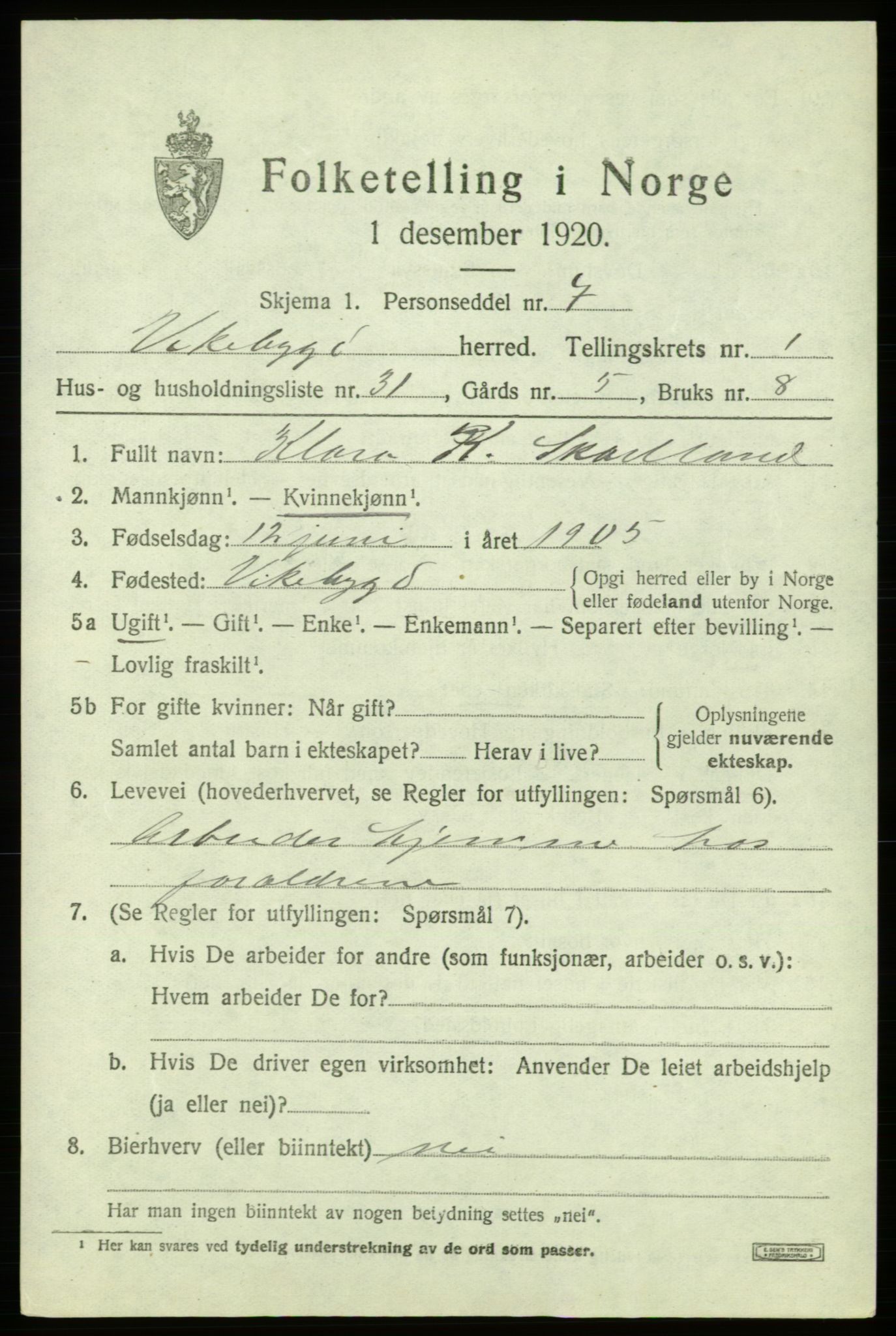 SAB, 1920 census for Vikebygd, 1920, p. 819