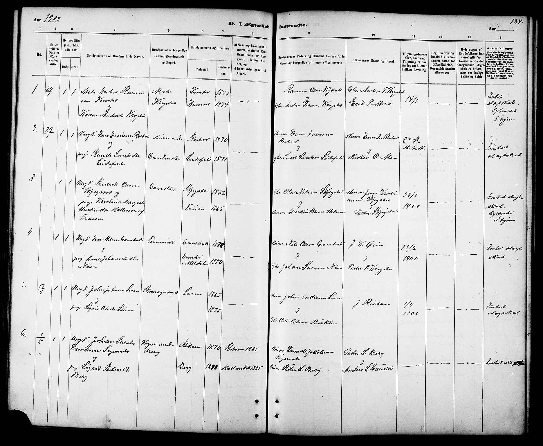 Ministerialprotokoller, klokkerbøker og fødselsregistre - Sør-Trøndelag, SAT/A-1456/694/L1132: Parish register (copy) no. 694C04, 1887-1914, p. 134