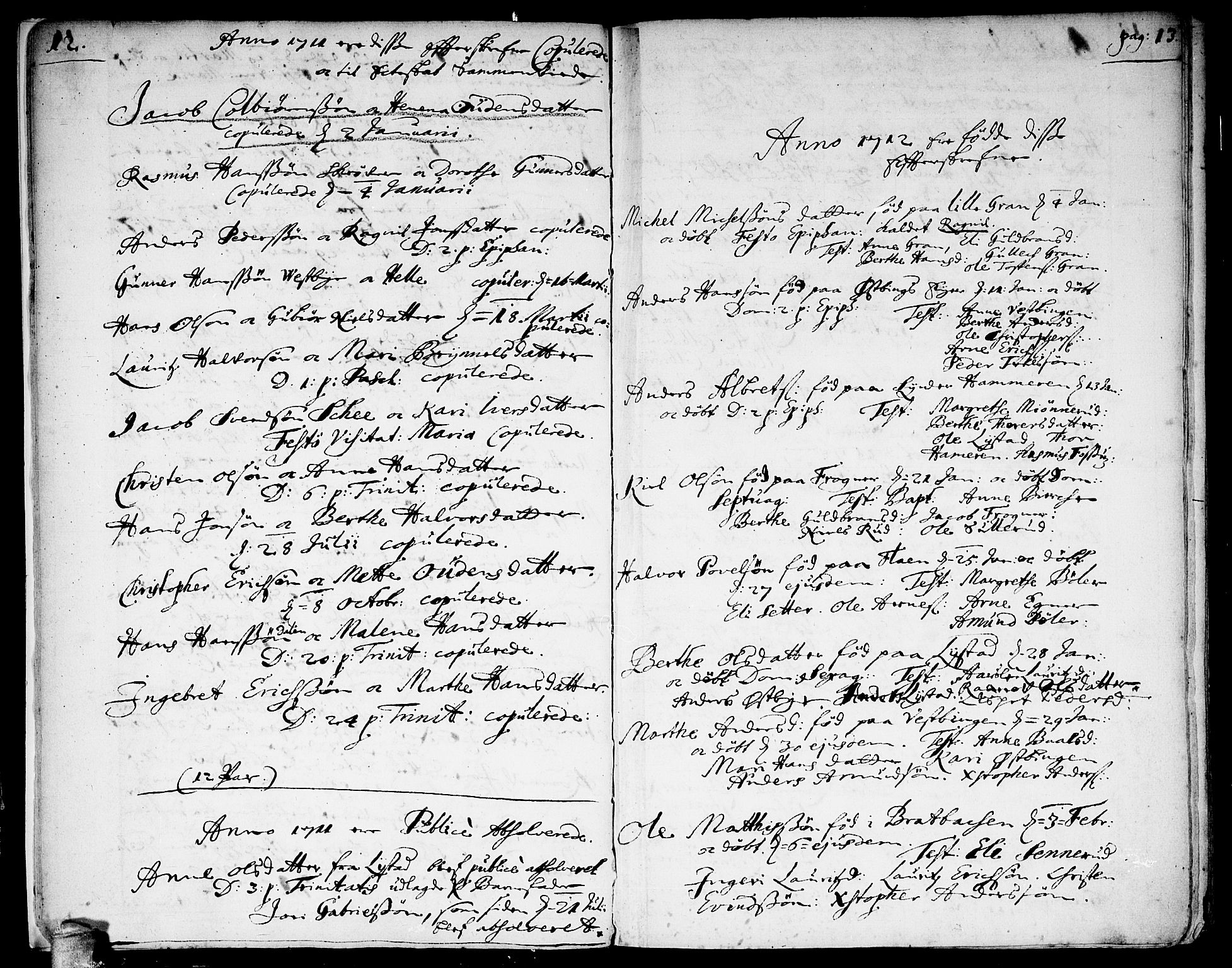 Sørum prestekontor Kirkebøker, SAO/A-10303/F/Fa/L0001: Parish register (official) no. I 1, 1710-1730, p. 12-13