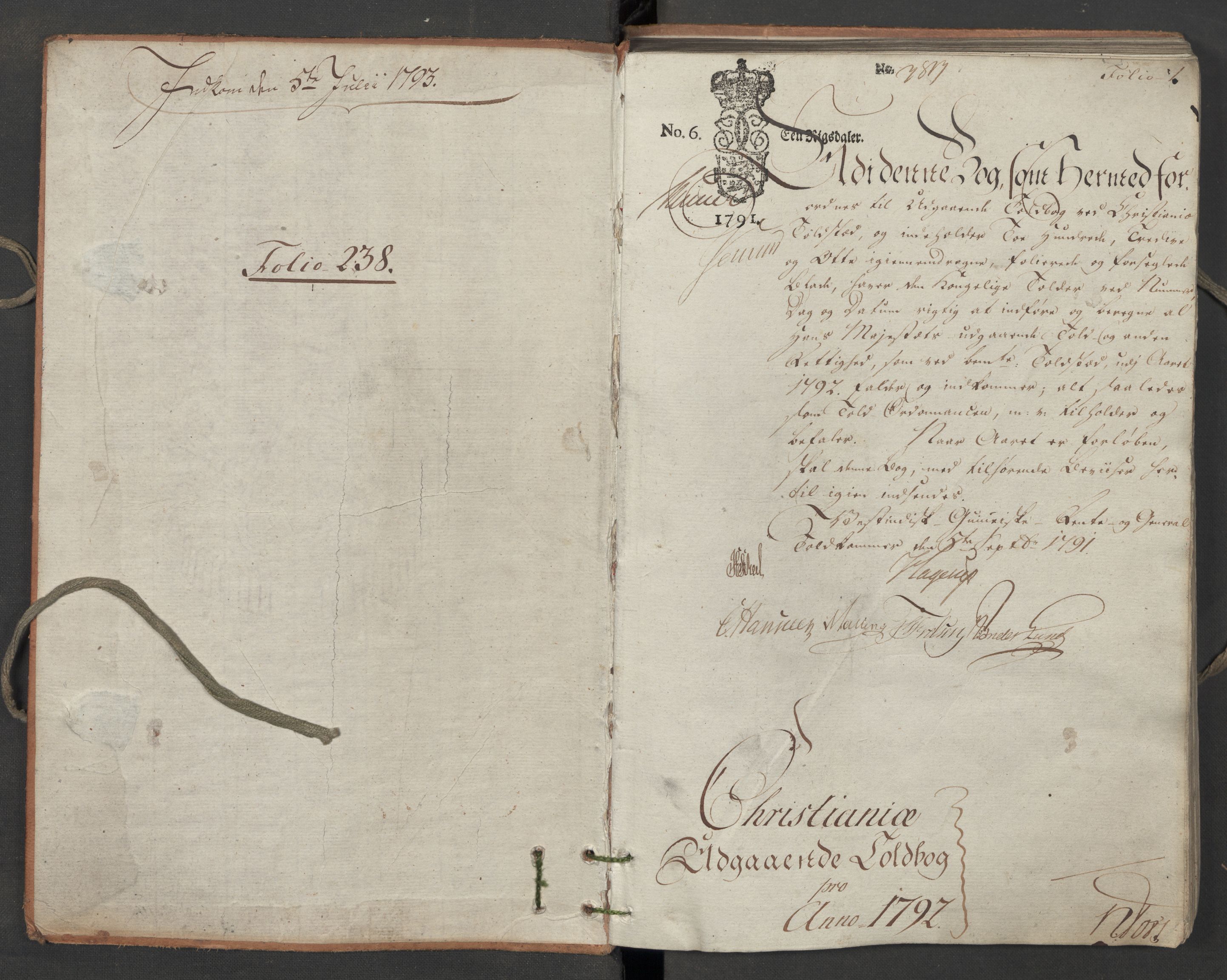 Generaltollkammeret, tollregnskaper, RA/EA-5490/R06/L0187/0001: Tollregnskaper Kristiania / Utgående tollbok, 1790-1792