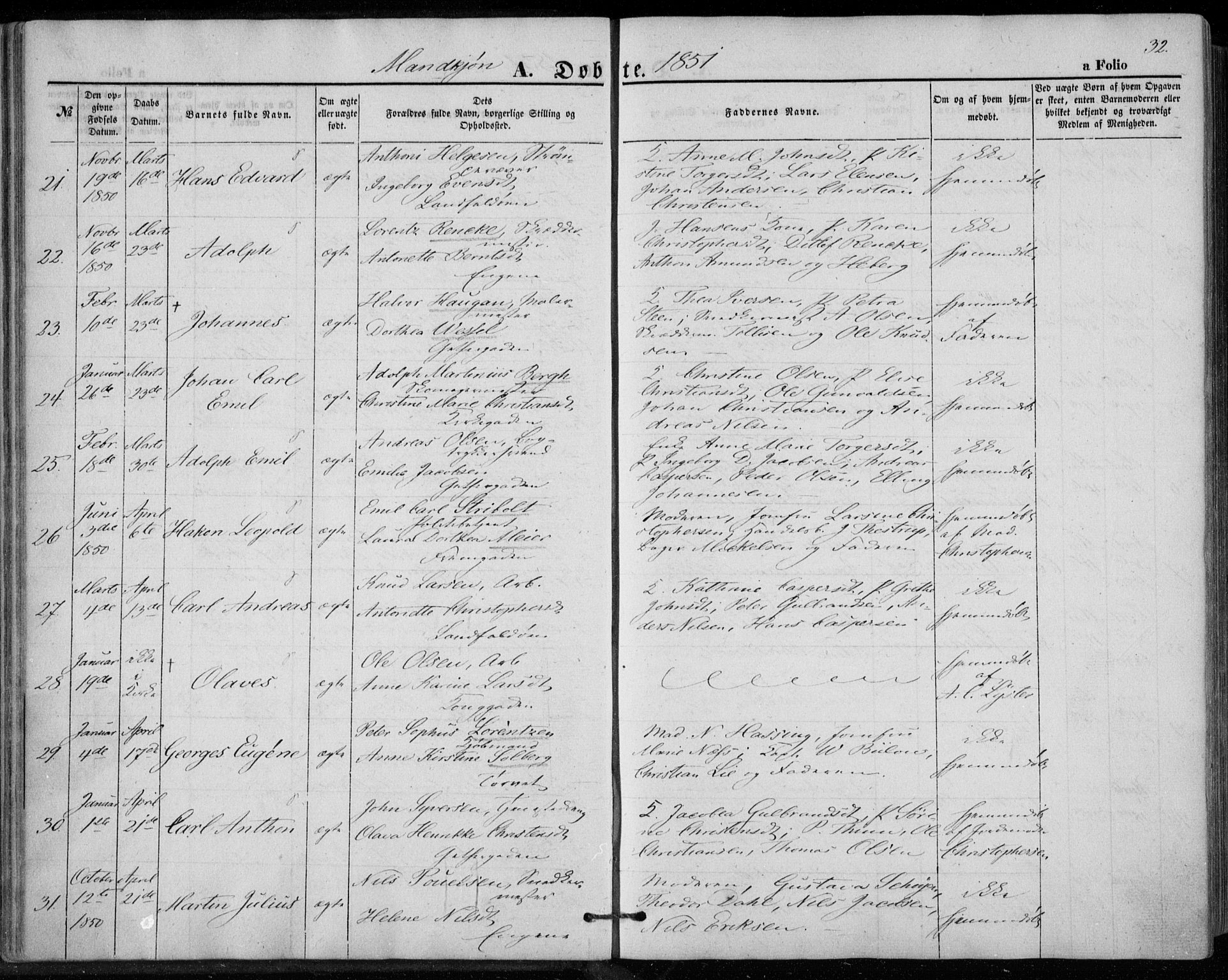 Bragernes kirkebøker, AV/SAKO-A-6/F/Fb/L0002: Parish register (official) no. II 2, 1848-1859, p. 32