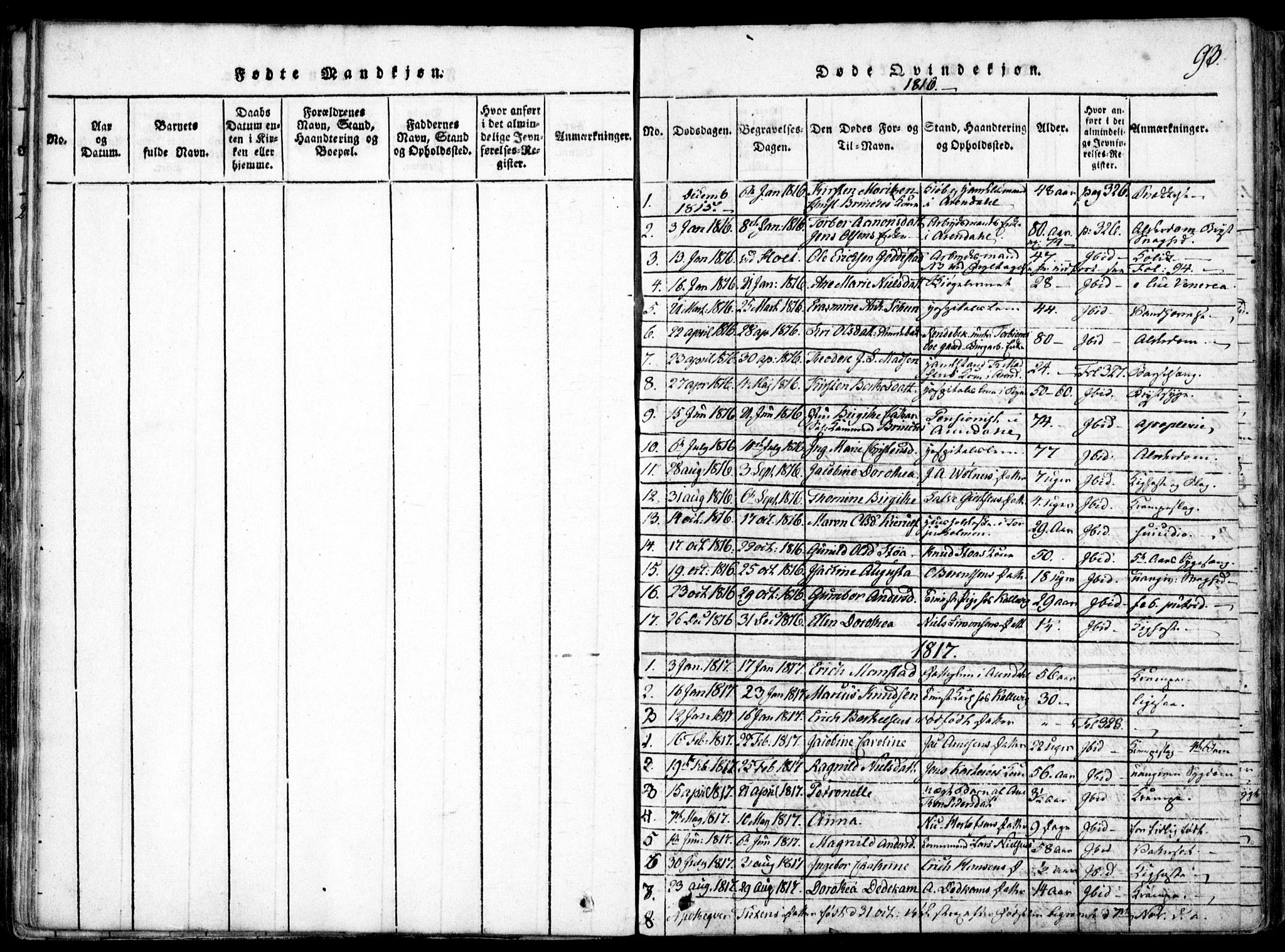 Arendal sokneprestkontor, Trefoldighet, SAK/1111-0040/F/Fa/L0004: Parish register (official) no. A 4, 1816-1839, p. 93
