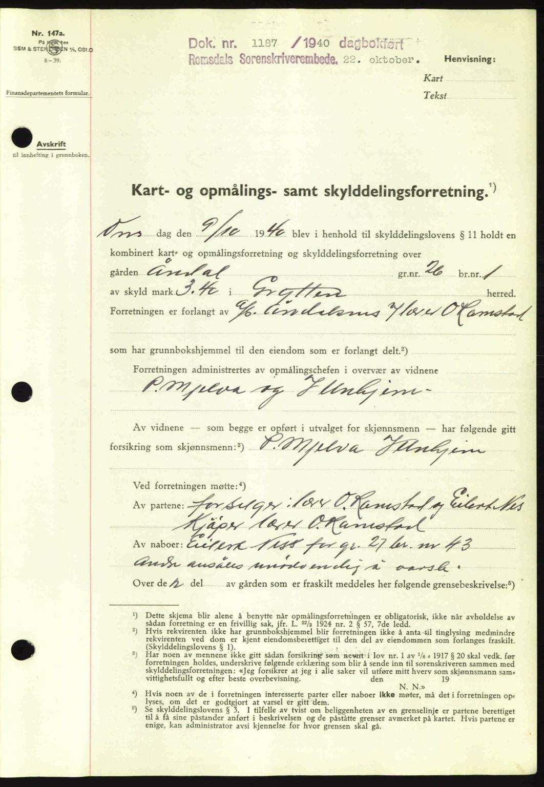 Romsdal sorenskriveri, AV/SAT-A-4149/1/2/2C: Mortgage book no. A8, 1939-1940, Diary no: : 1187/1940