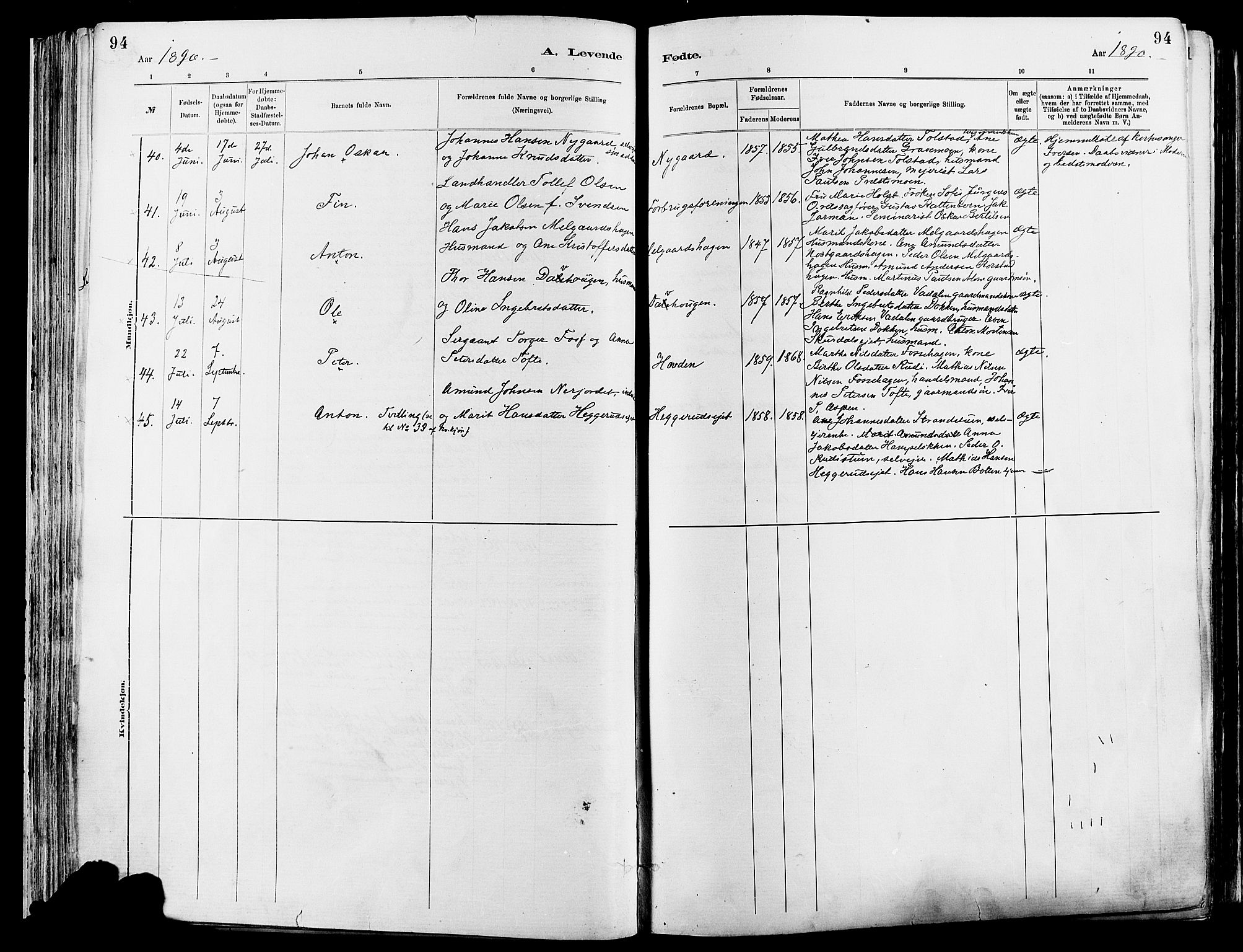 Sør-Fron prestekontor, AV/SAH-PREST-010/H/Ha/Haa/L0003: Parish register (official) no. 3, 1881-1897, p. 94