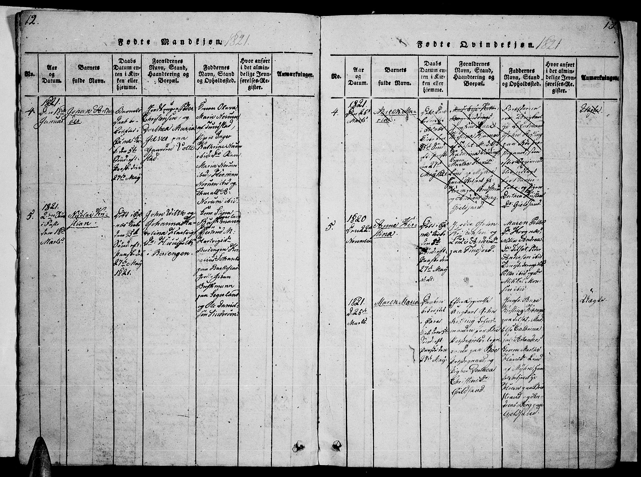 Ministerialprotokoller, klokkerbøker og fødselsregistre - Nordland, AV/SAT-A-1459/893/L1346: Parish register (copy) no. 893C01, 1820-1858, p. 12-13