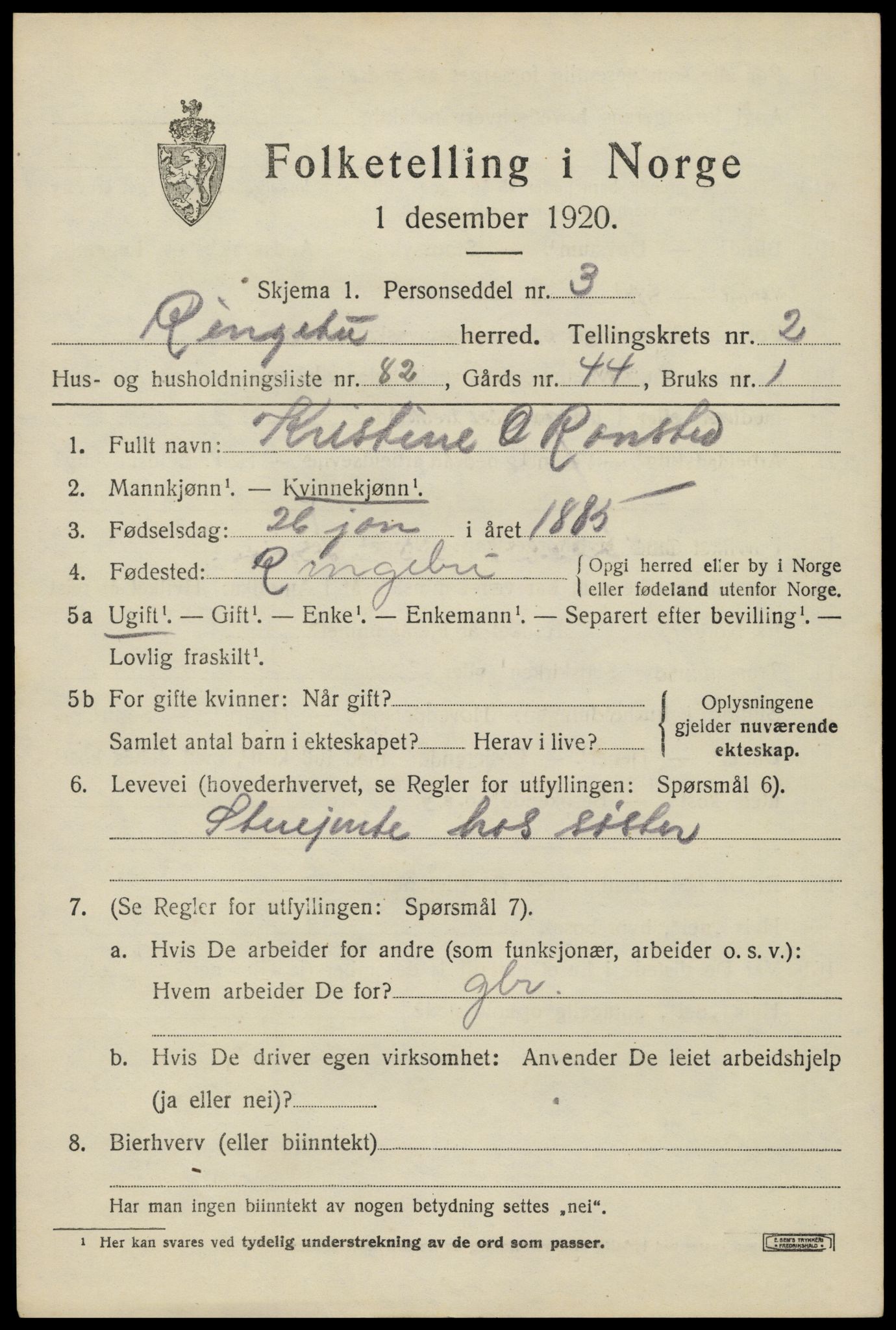 SAH, 1920 census for Ringebu, 1920, p. 3585