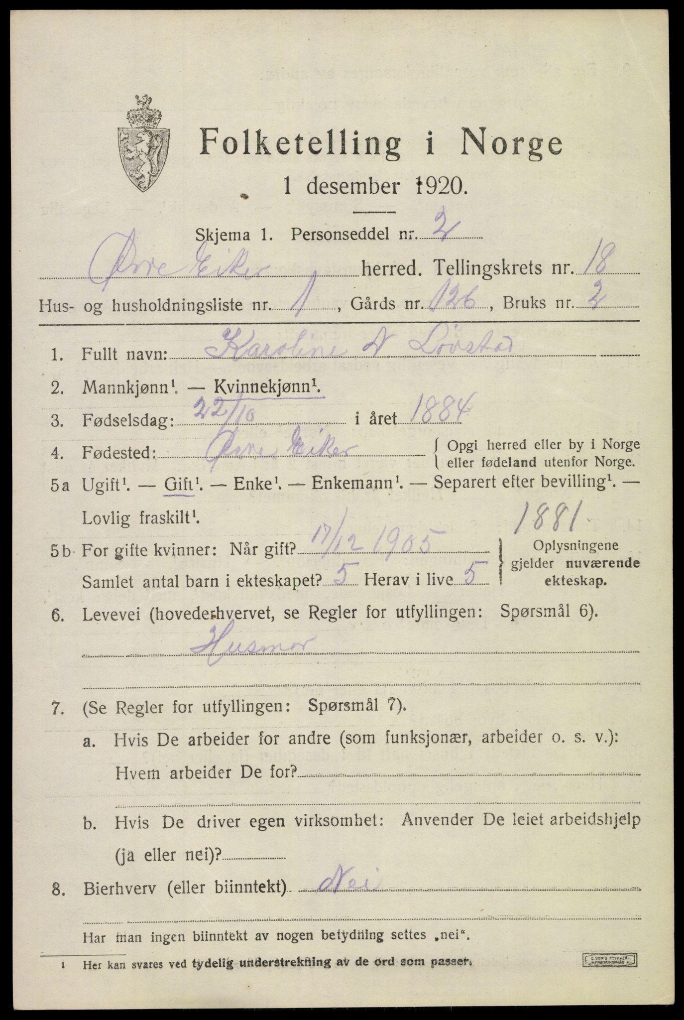 SAKO, 1920 census for Øvre Eiker, 1920, p. 21584