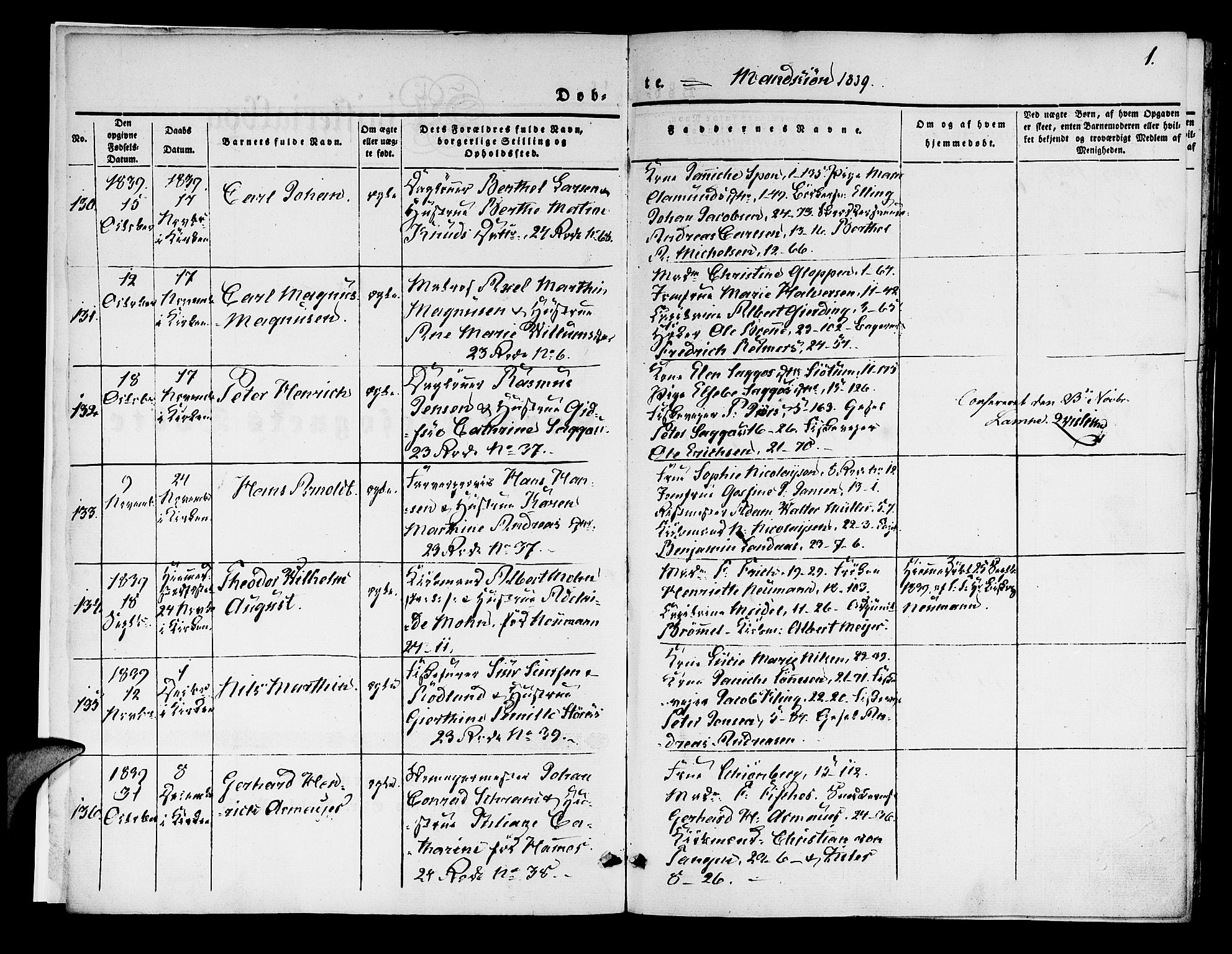 Korskirken sokneprestembete, AV/SAB-A-76101/H/Hab: Parish register (copy) no. B 1, 1839-1847, p. 1