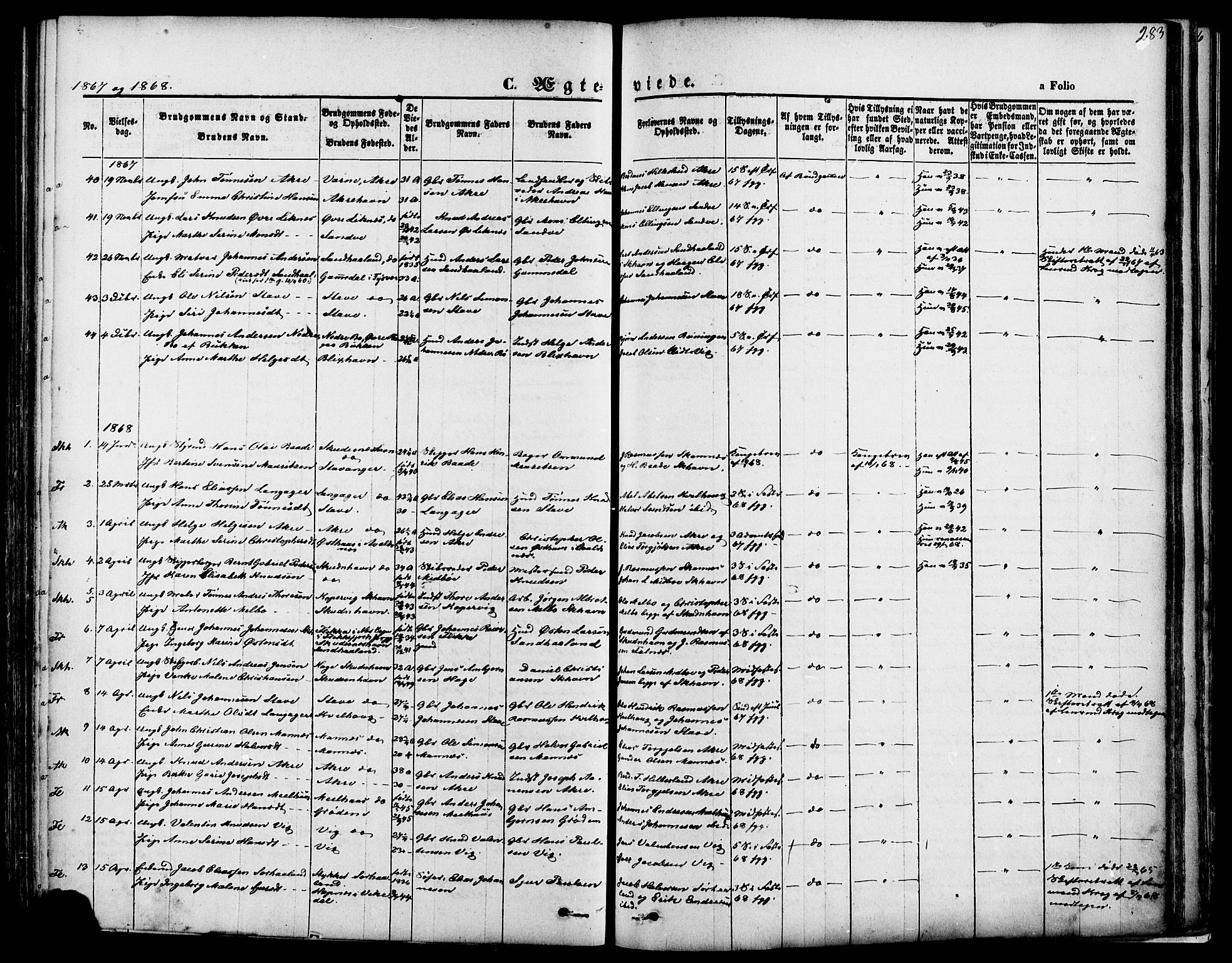 Skudenes sokneprestkontor, SAST/A -101849/H/Ha/Haa/L0006: Parish register (official) no. A 4, 1864-1881, p. 283