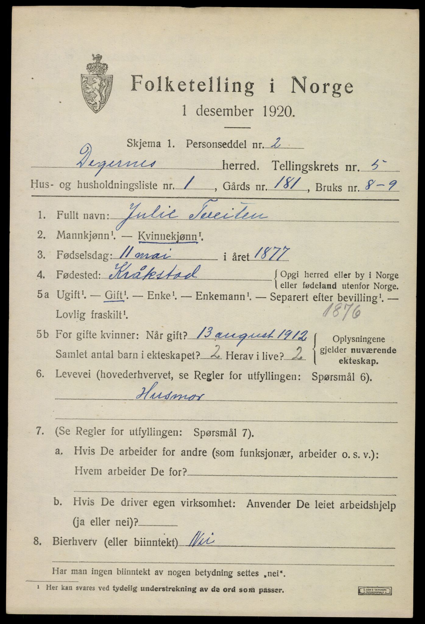 SAO, 1920 census for Degernes, 1920, p. 2742