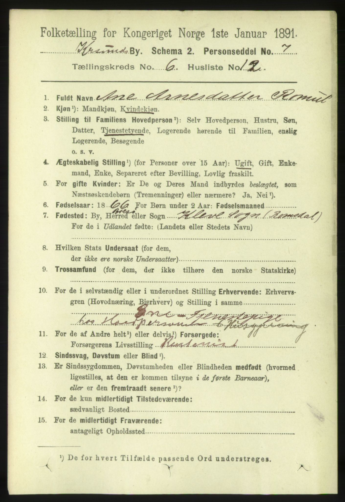 RA, 1891 census for 1503 Kristiansund, 1891, p. 5167