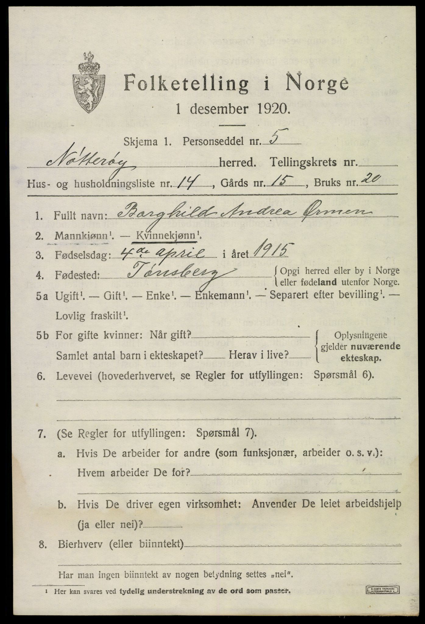 SAKO, 1920 census for Nøtterøy, 1920, p. 7713