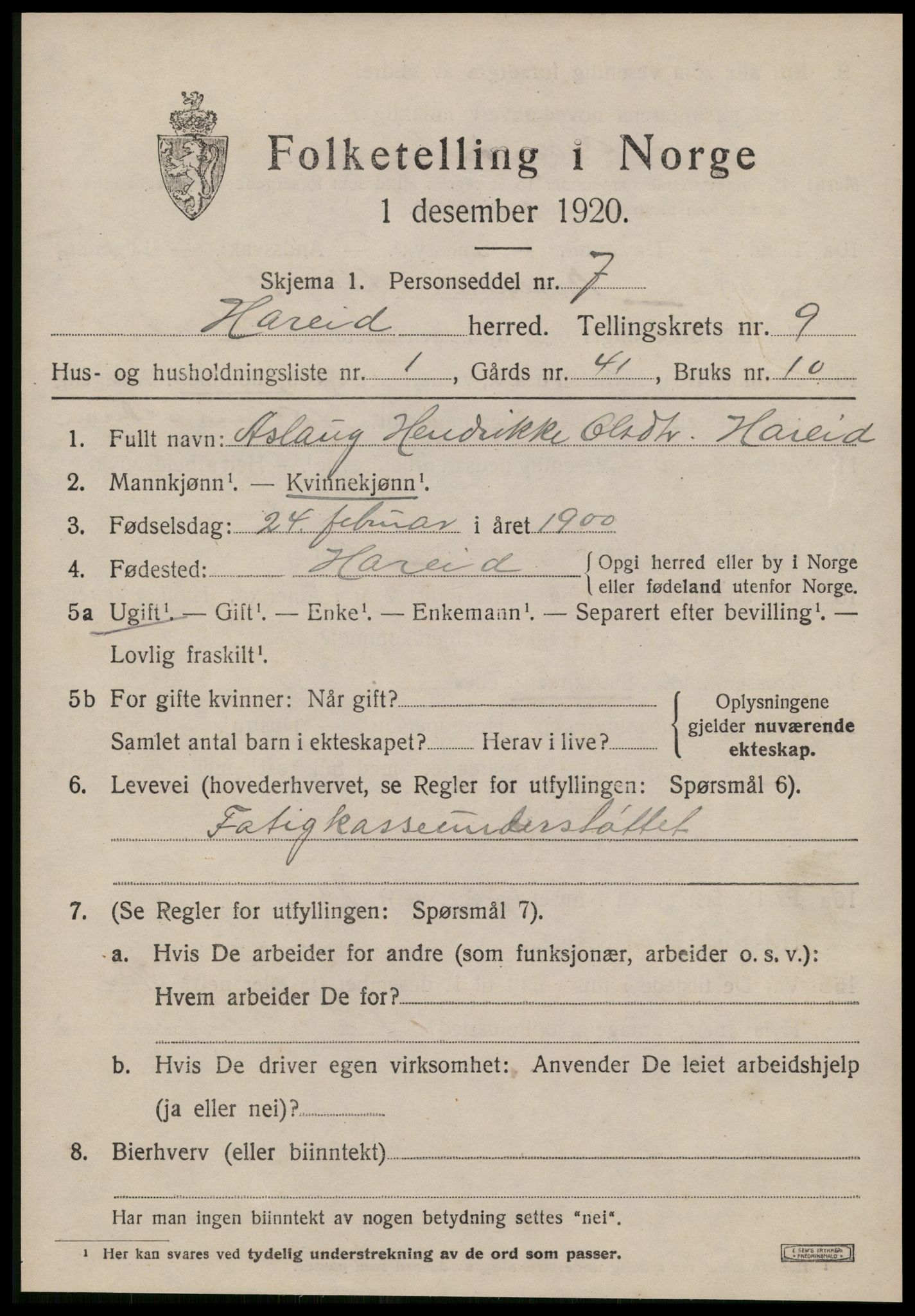 SAT, 1920 census for Hareid, 1920, p. 3171