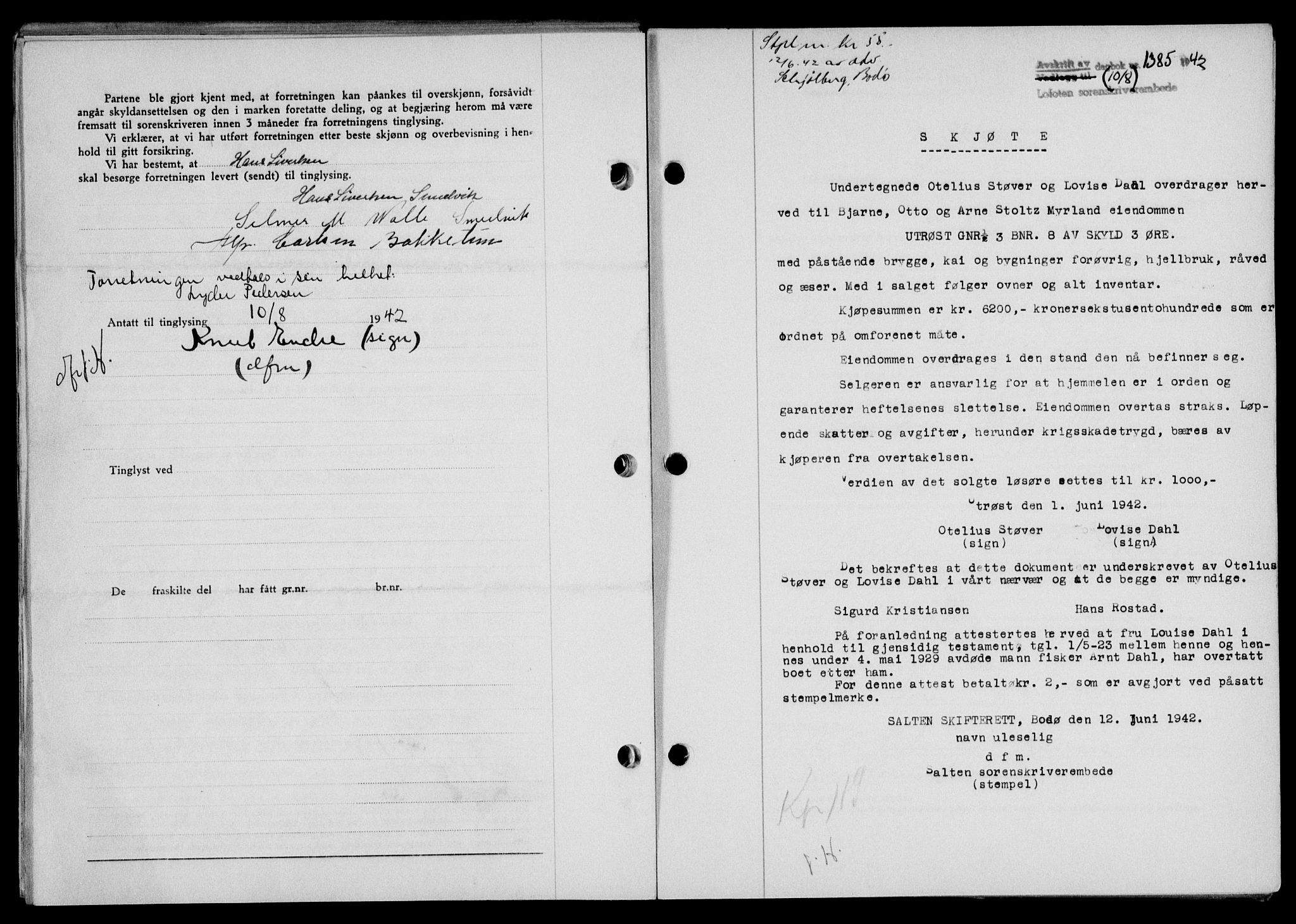Lofoten sorenskriveri, SAT/A-0017/1/2/2C/L0010a: Mortgage book no. 10a, 1942-1943, Diary no: : 1385/1942