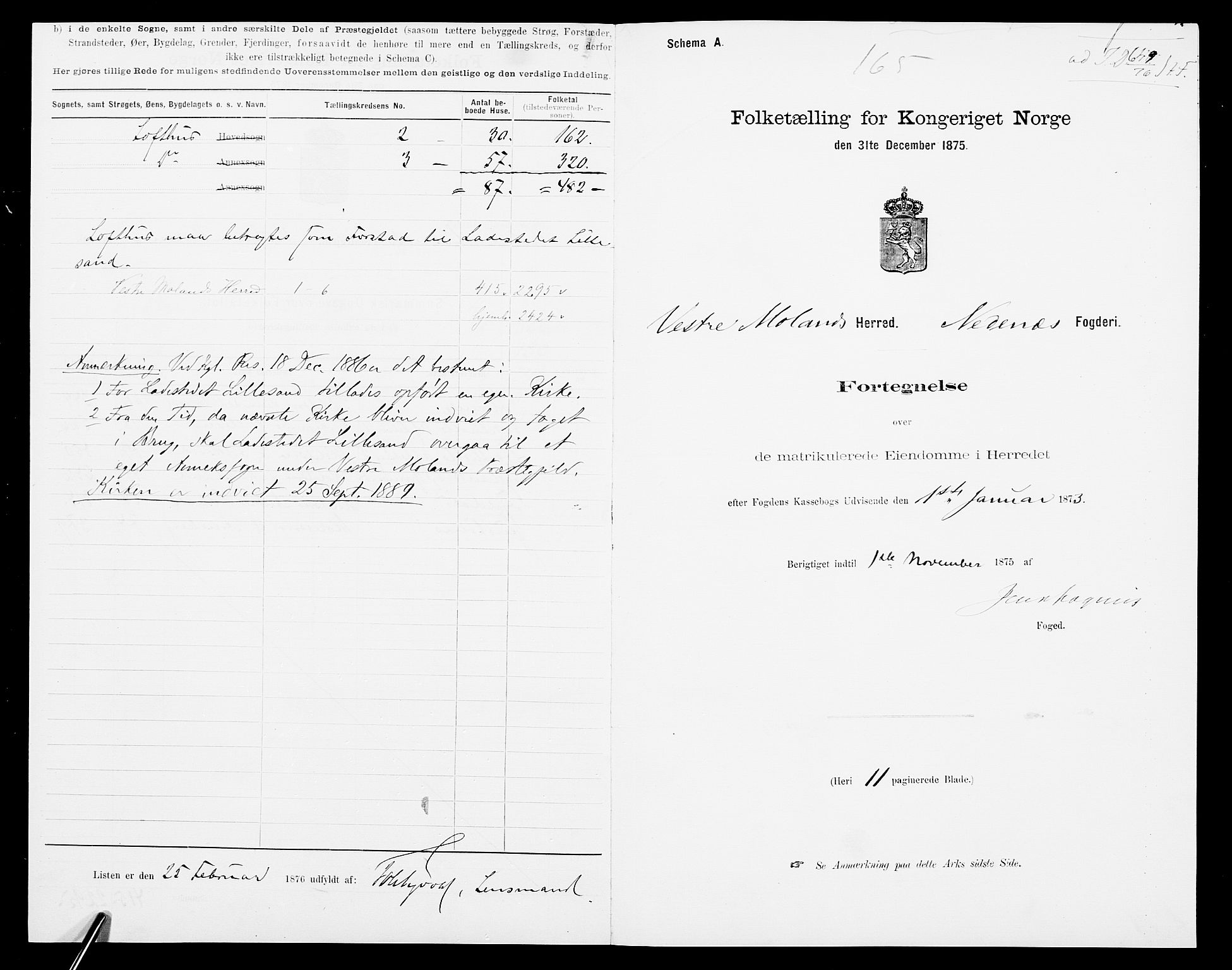 SAK, 1875 census for 0926L Vestre Moland/Vestre Moland, 1875, p. 3