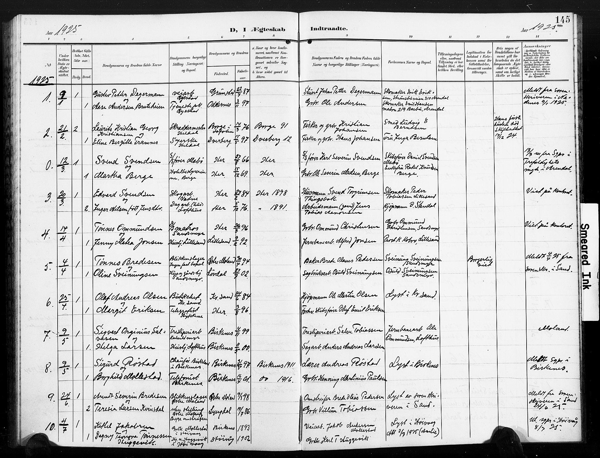 Vestre Moland sokneprestkontor, AV/SAK-1111-0046/F/Fb/Fbb/L0007: Parish register (copy) no. B 7, 1906-1929, p. 145