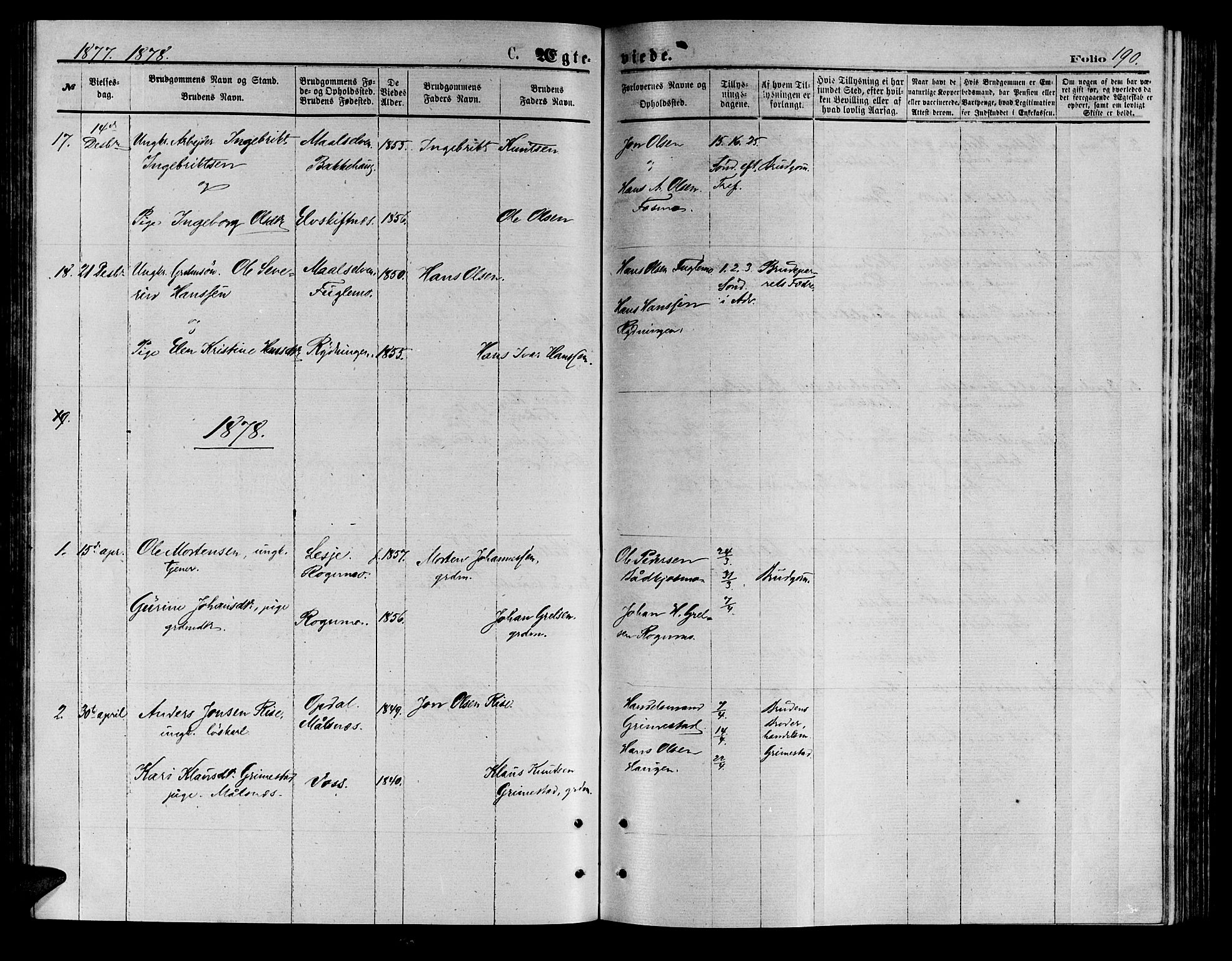 Målselv sokneprestembete, SATØ/S-1311/G/Ga/Gab/L0003klokker: Parish register (copy) no. 3, 1874-1885, p. 190
