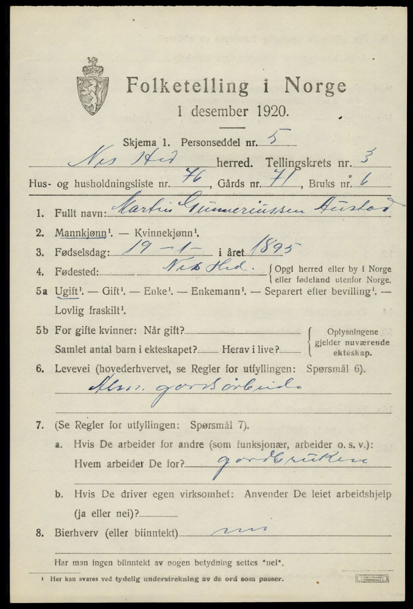 SAH, 1920 census for Nes (Hedmark), 1920, p. 5430