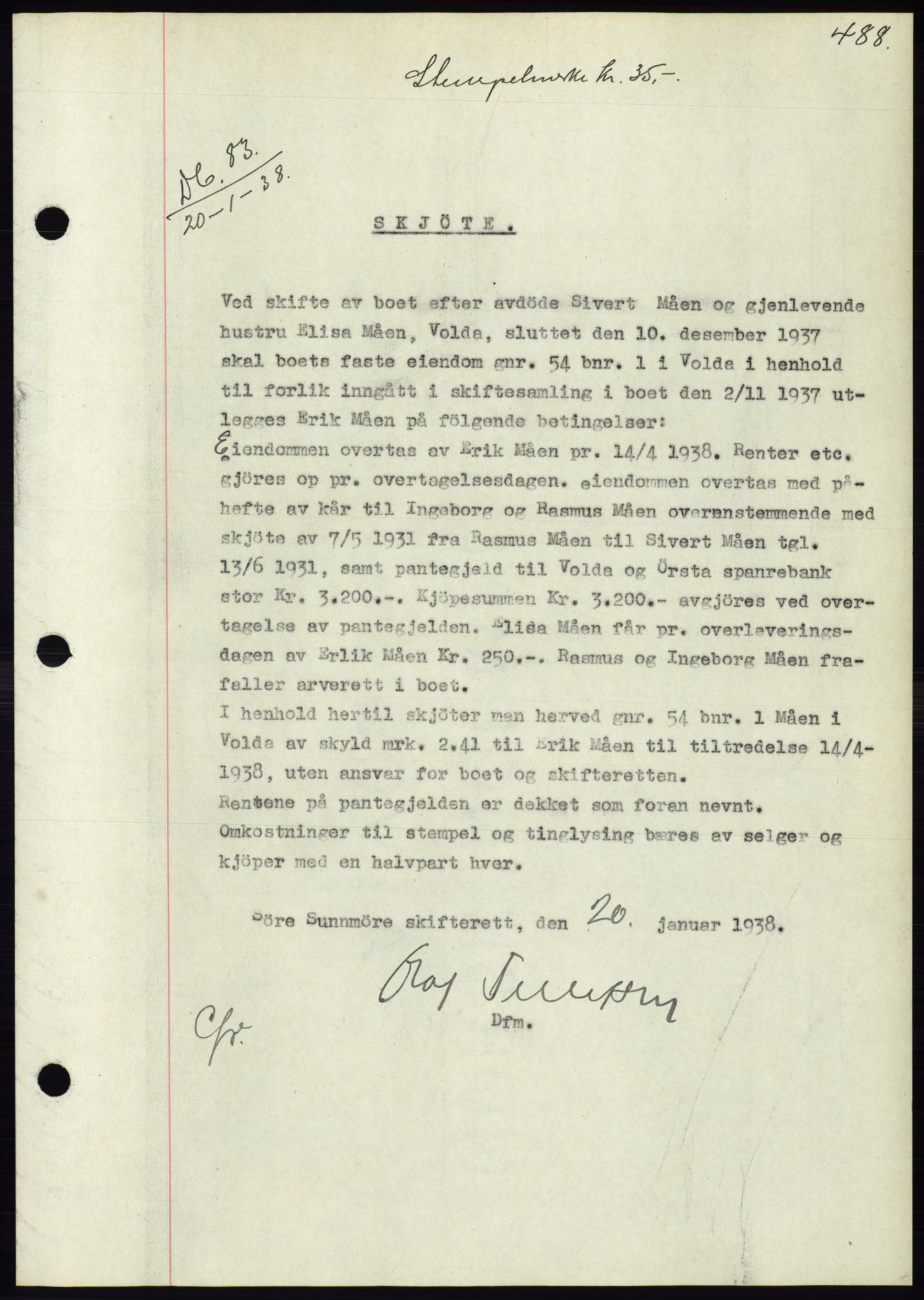 Søre Sunnmøre sorenskriveri, AV/SAT-A-4122/1/2/2C/L0064: Mortgage book no. 58, 1937-1938, Diary no: : 83/1938