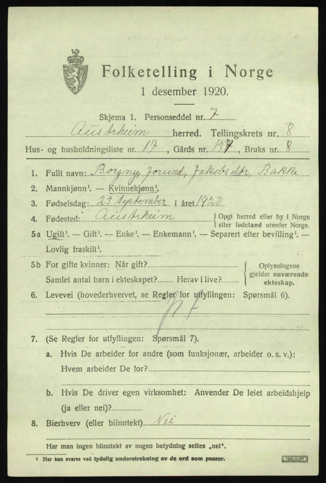 SAB, 1920 census for Austrheim, 1920, p. 3182