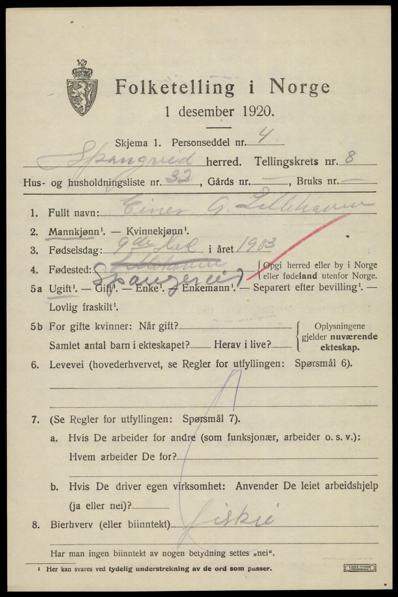 SAK, 1920 census for Spangereid, 1920, p. 3163