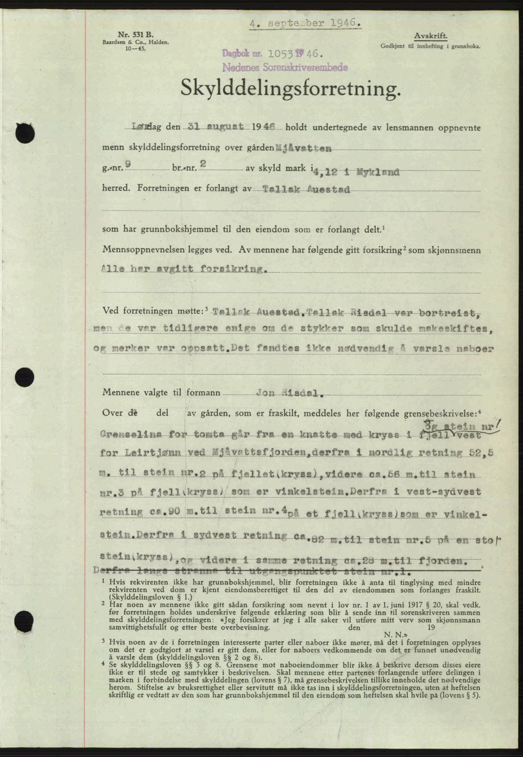 Nedenes sorenskriveri, SAK/1221-0006/G/Gb/Gba/L0056: Mortgage book no. A8, 1946-1947, Diary no: : 1053/1946