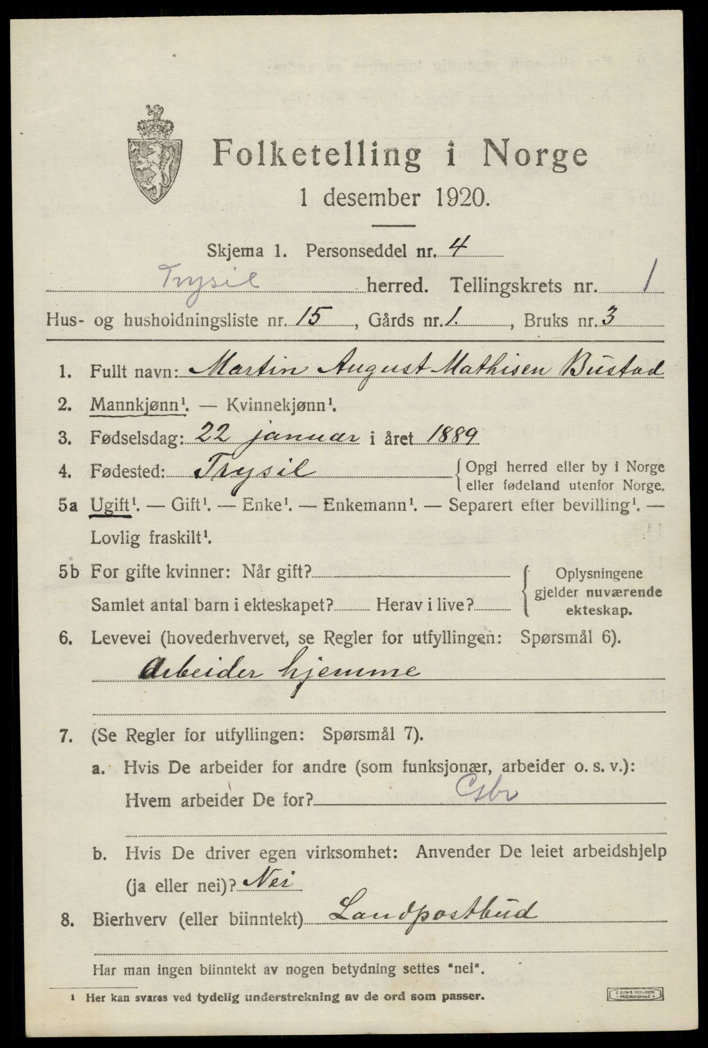 SAH, 1920 census for Trysil, 1920, p. 2731