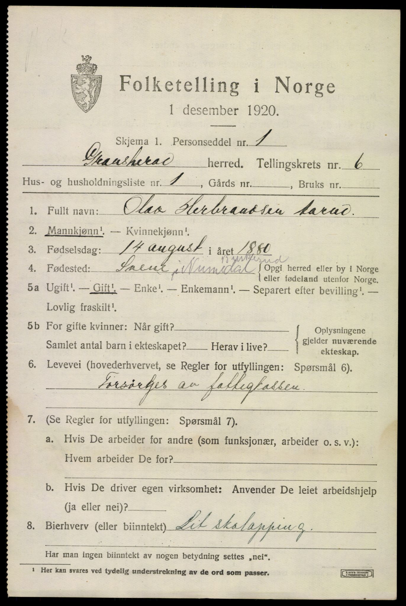 SAKO, 1920 census for Gransherad, 1920, p. 2310