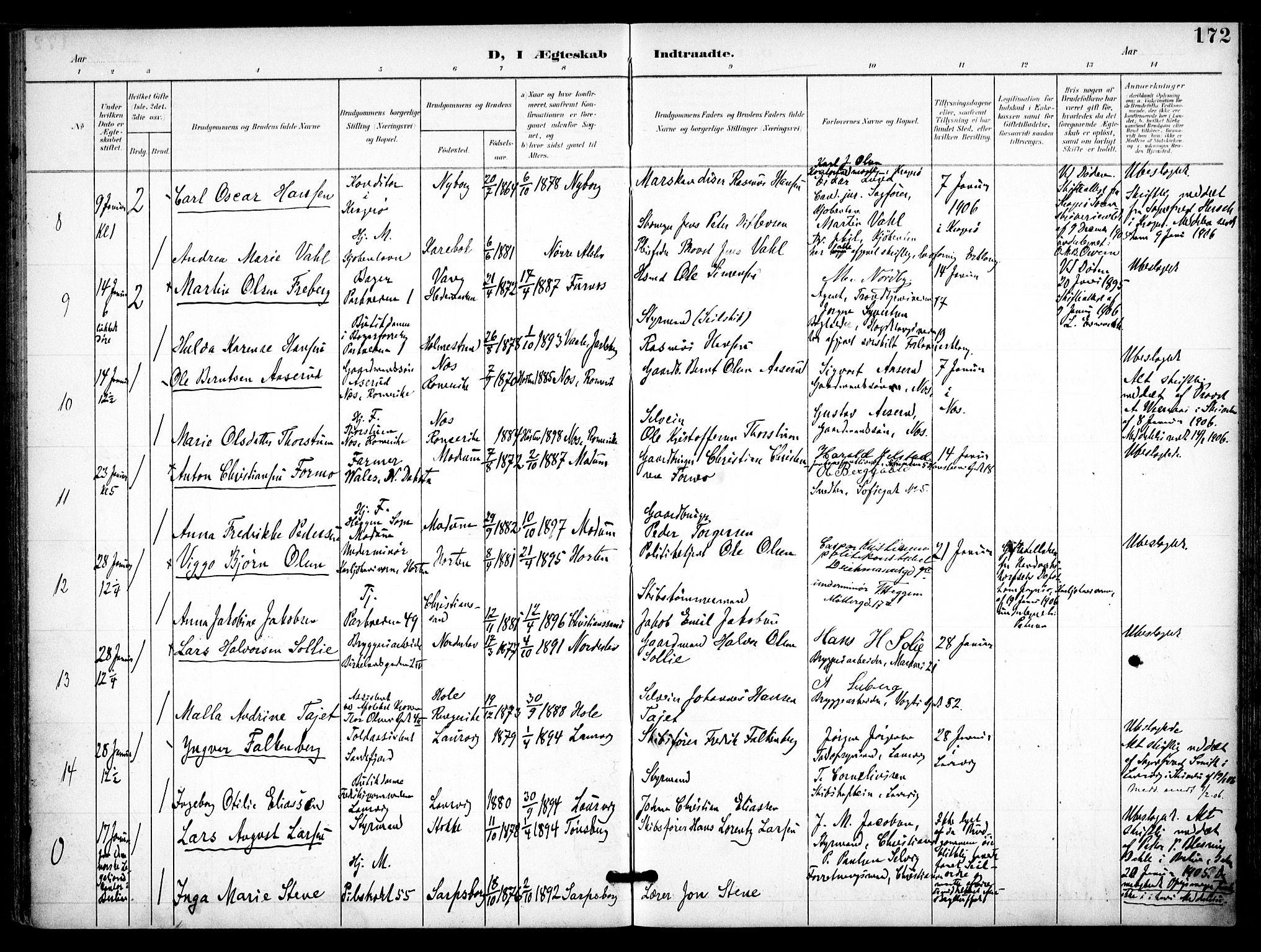 Trefoldighet prestekontor Kirkebøker, SAO/A-10882/F/Fc/L0005: Parish register (official) no. III 5, 1900-1908, p. 172