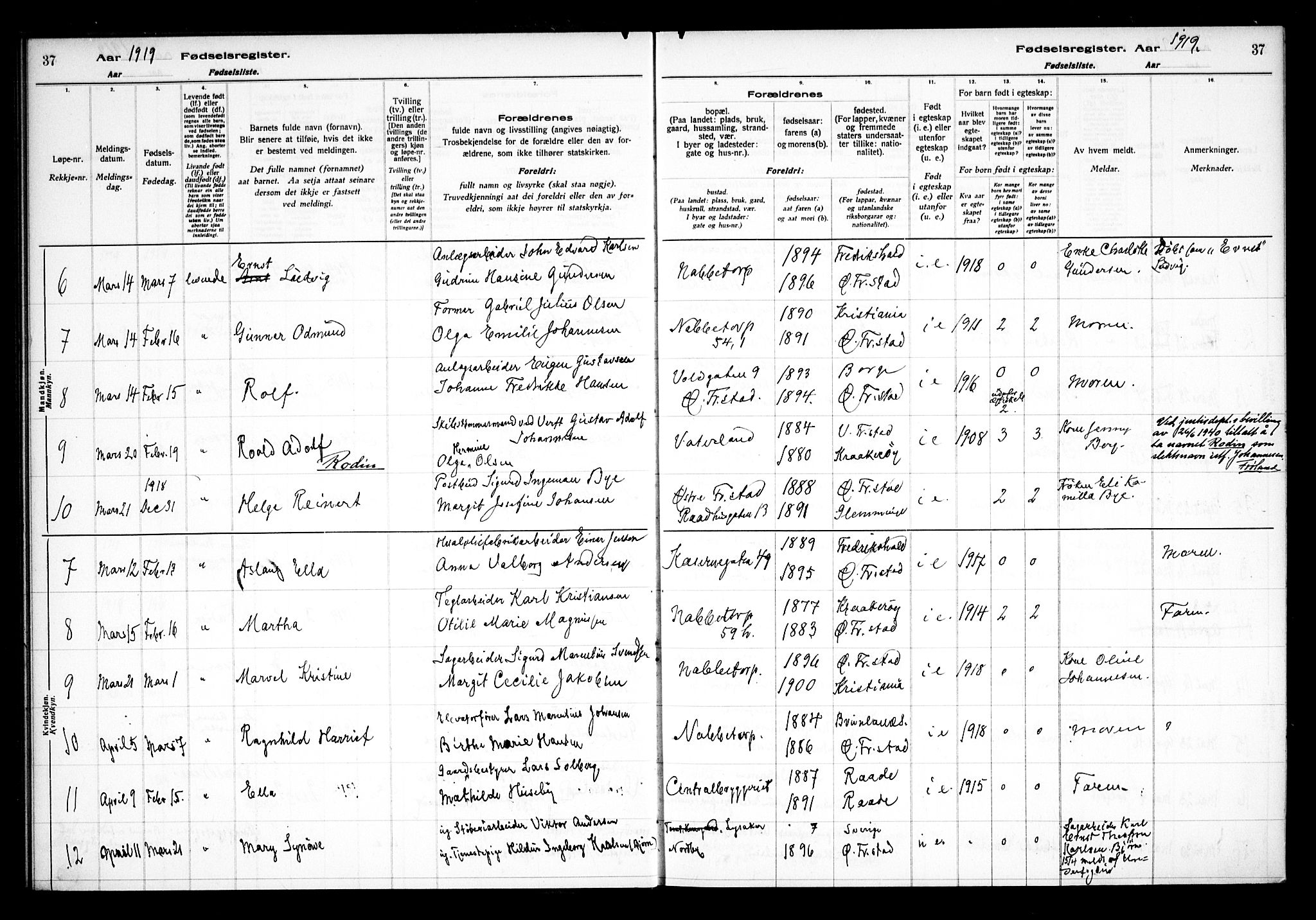 Østre Fredrikstad prestekontor Kirkebøker, AV/SAO-A-10907/J/Ja/L0001: Birth register no. 1, 1916-1936, p. 37