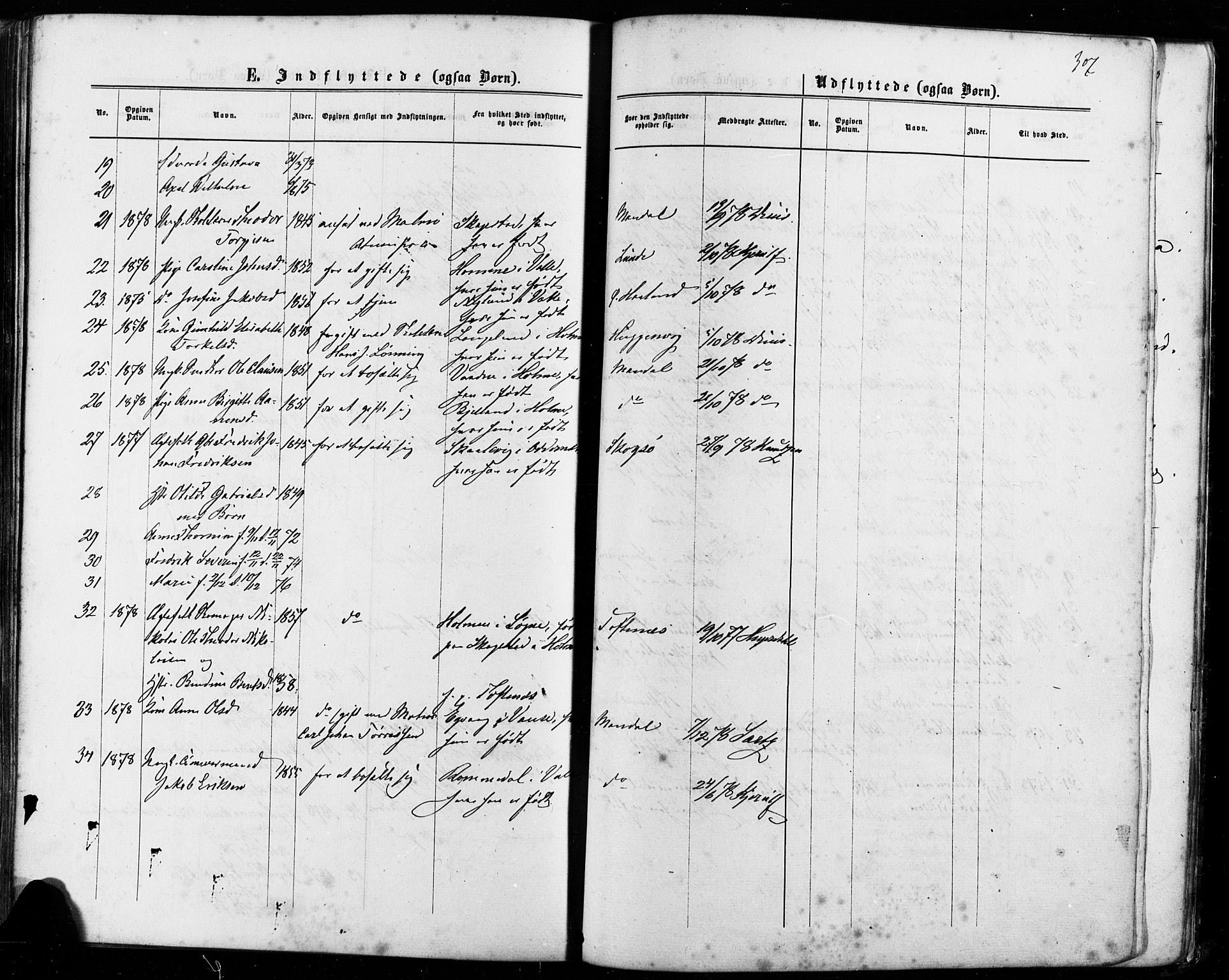 Mandal sokneprestkontor, SAK/1111-0030/F/Fa/Faa/L0015: Parish register (official) no. A 15, 1873-1879, p. 307