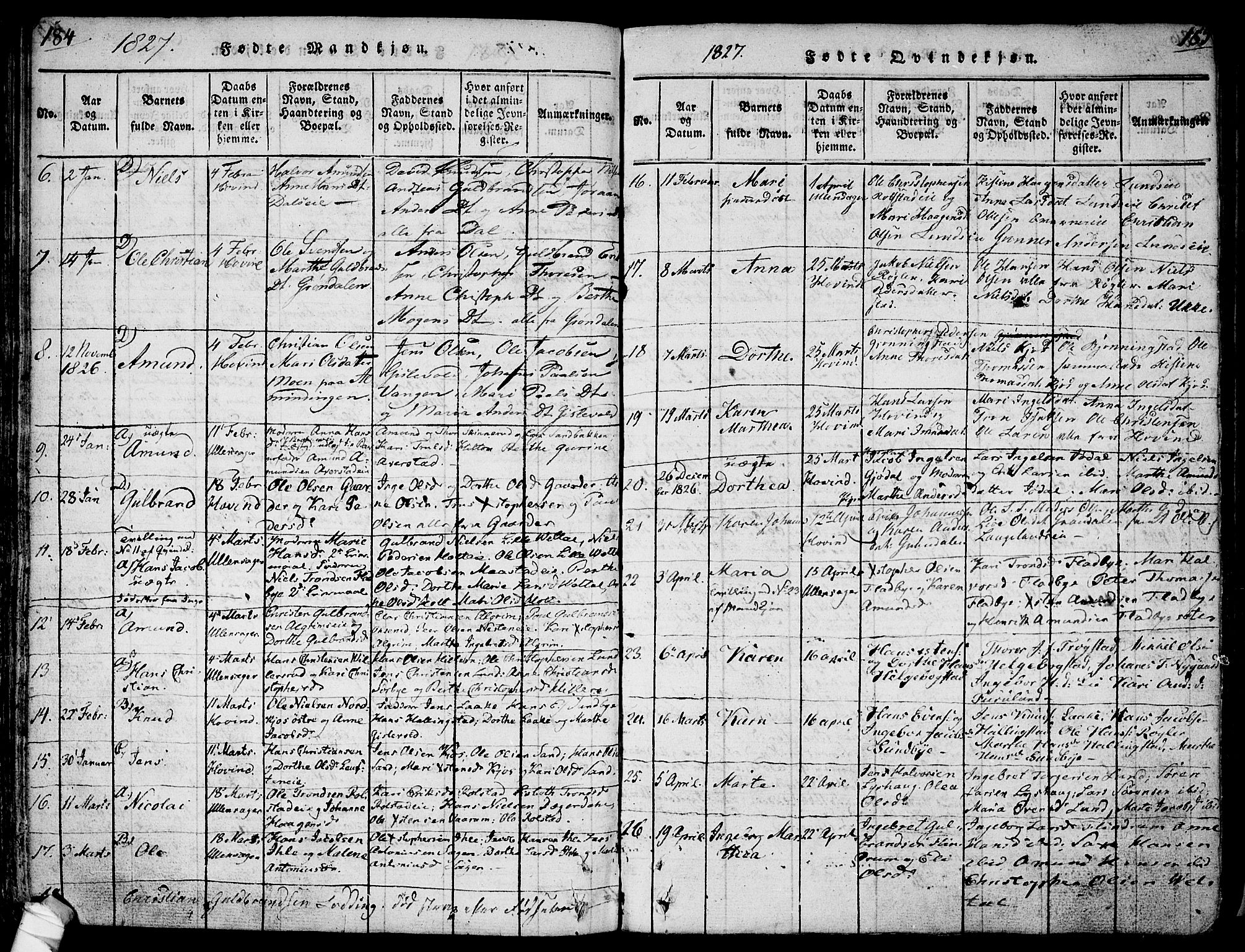 Ullensaker prestekontor Kirkebøker, SAO/A-10236a/F/Fa/L0013: Parish register (official) no. I 13, 1815-1835, p. 184-185